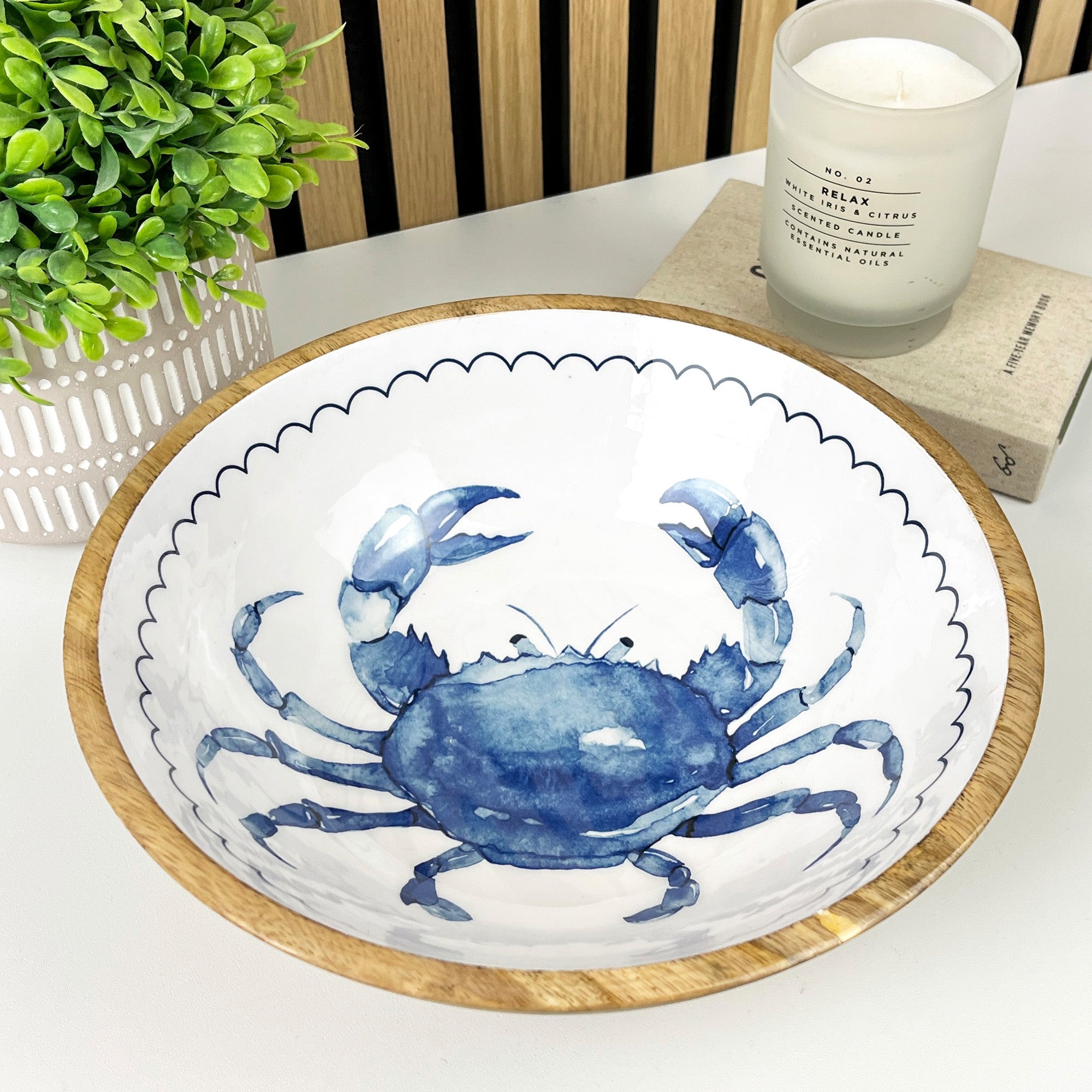 25.5cm Decorative Wooden Bowl with Enamel Crab Design