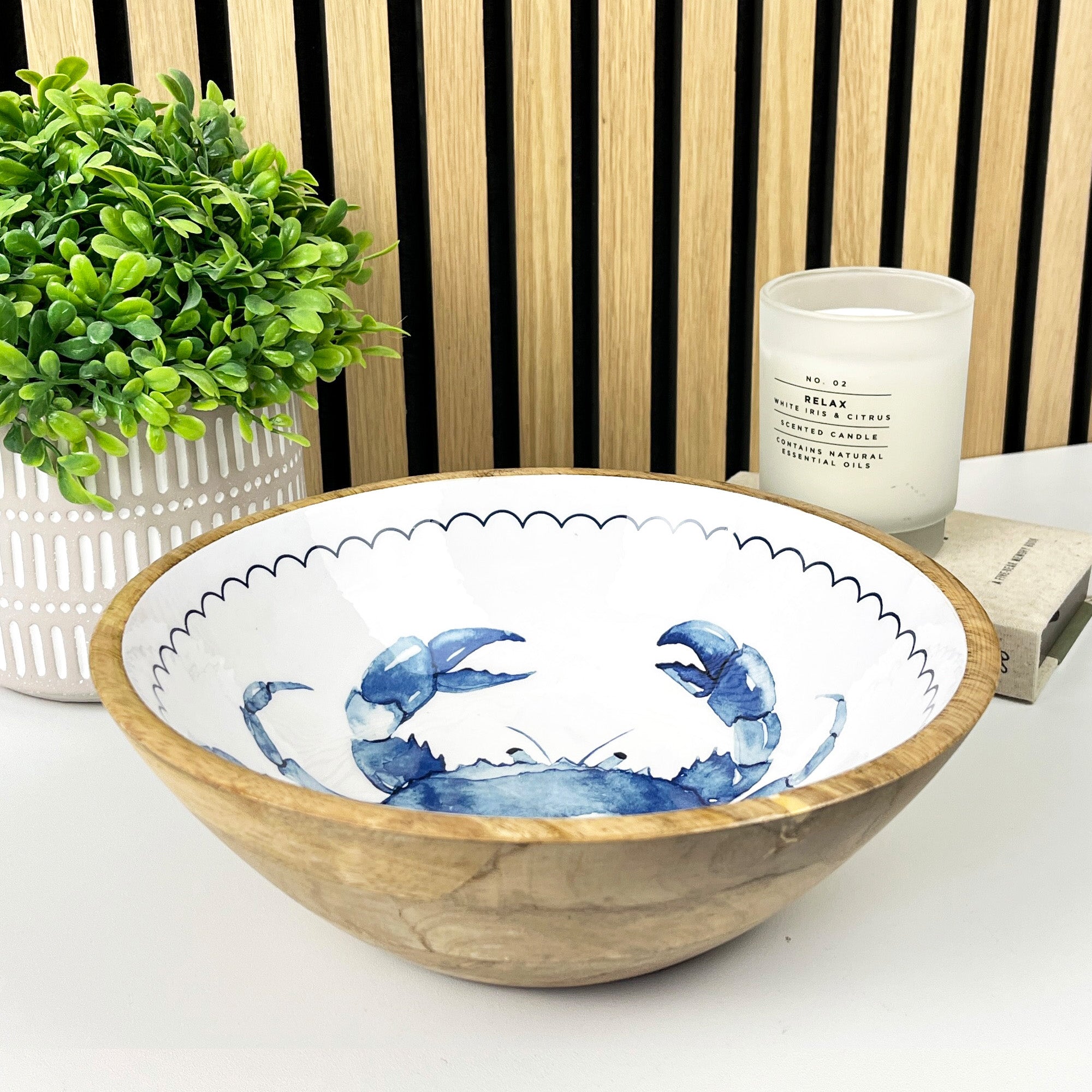 25.5cm Decorative Wooden Bowl with Enamel Crab Design