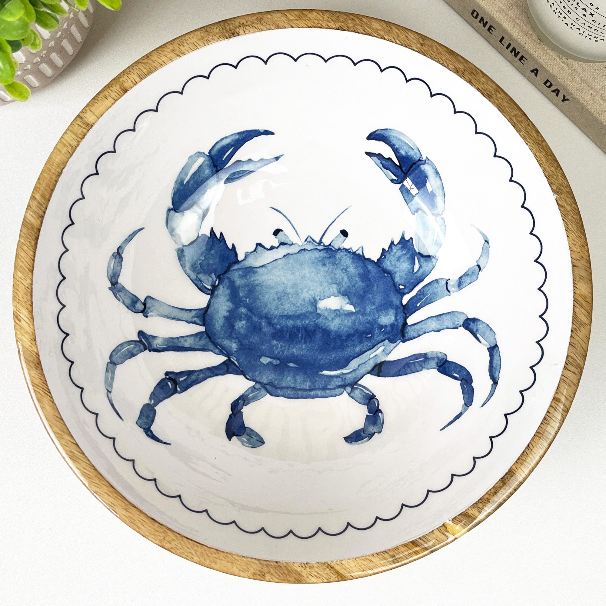 25.5cm Decorative Wooden Bowl with Enamel Crab Design