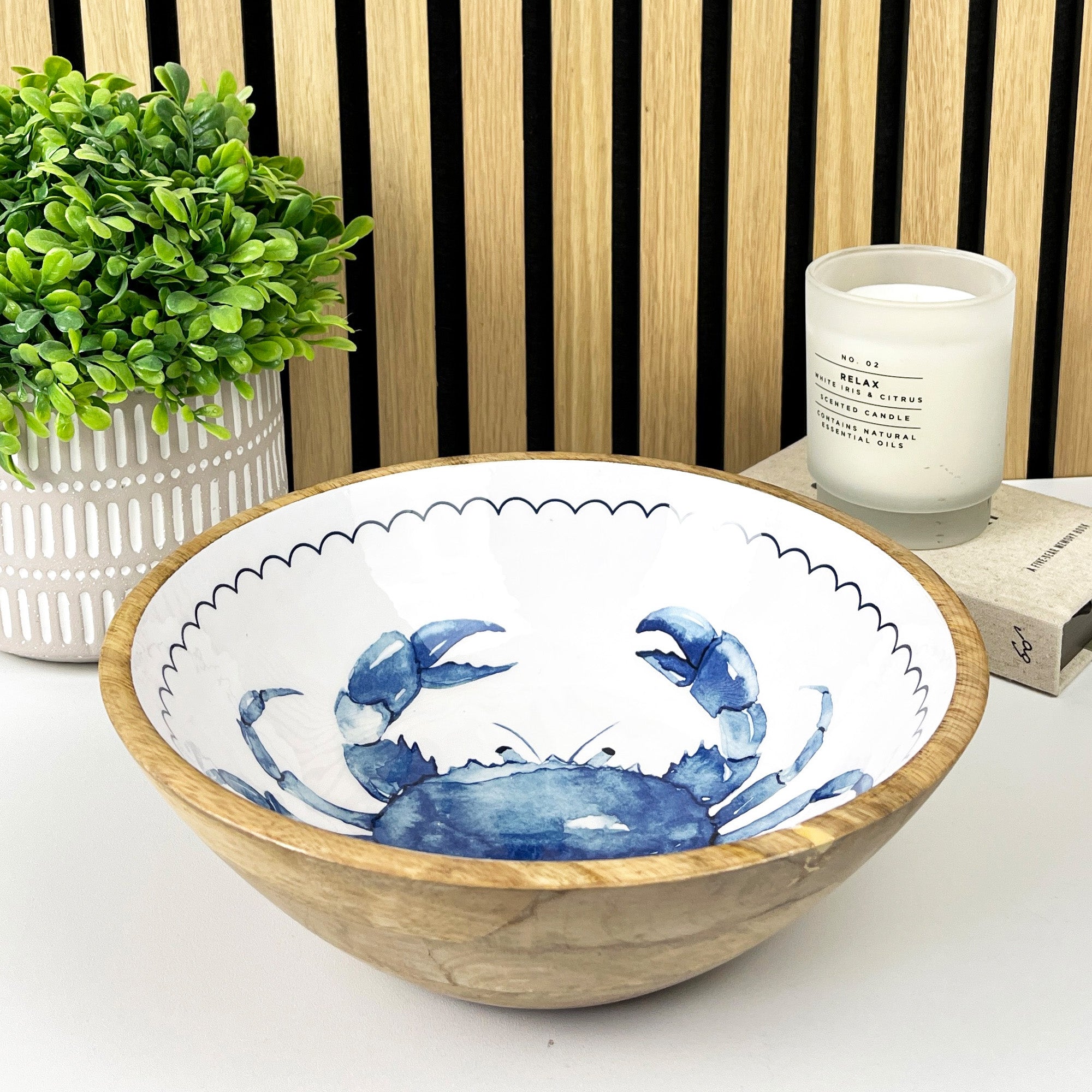 25.5cm Decorative Wooden Bowl with Enamel Crab Design