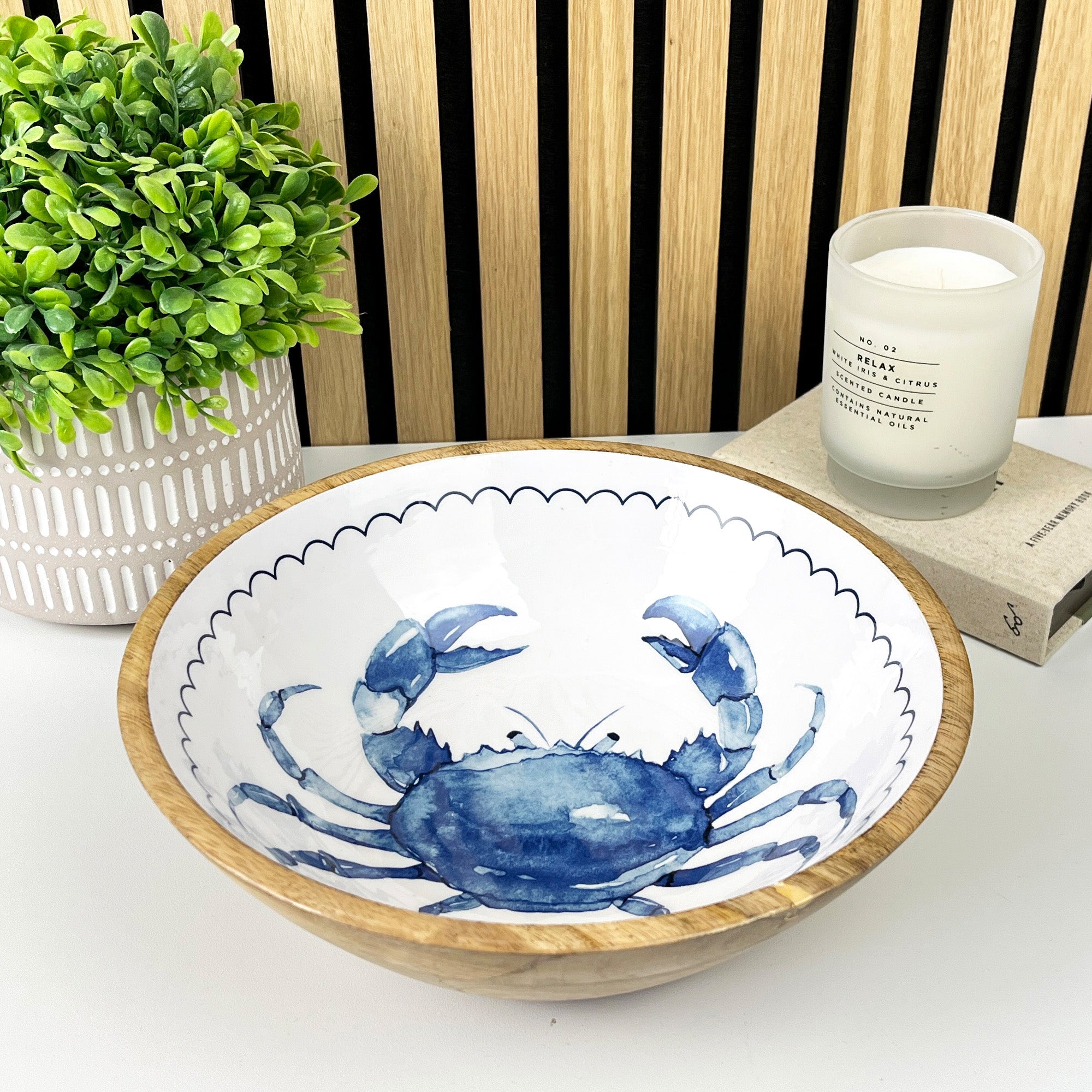 25.5cm Decorative Wooden Bowl with Enamel Crab Design