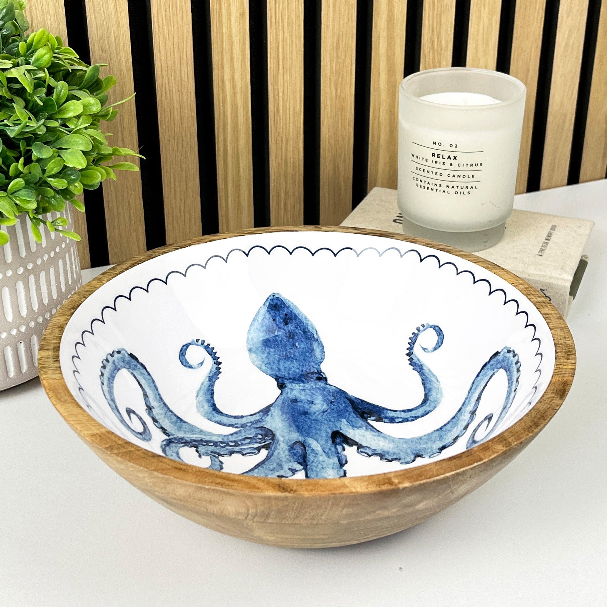 25.5cm Decorative Wooden Bowl with Enamel Octopus Design