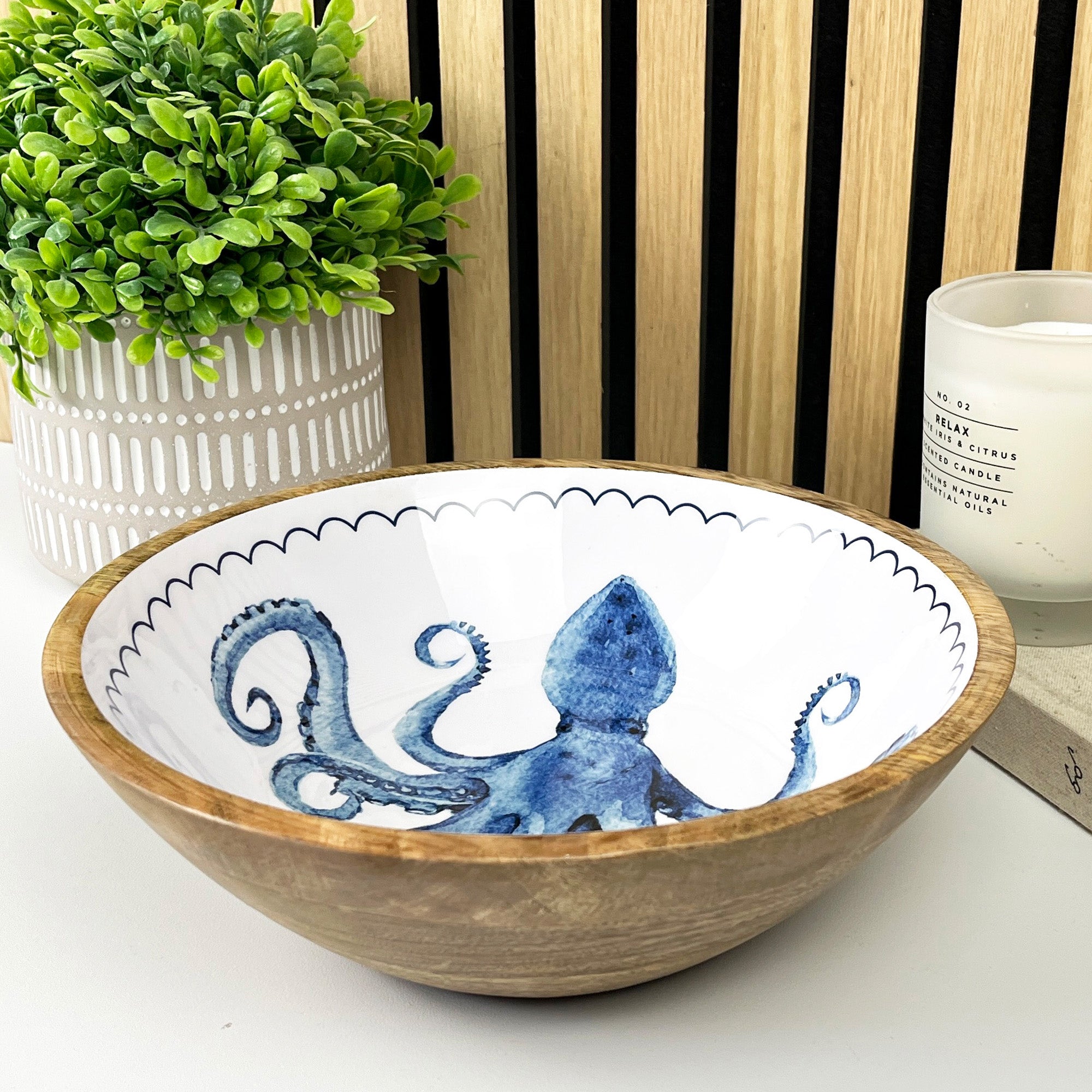 25.5cm Decorative Wooden Bowl with Enamel Octopus Design