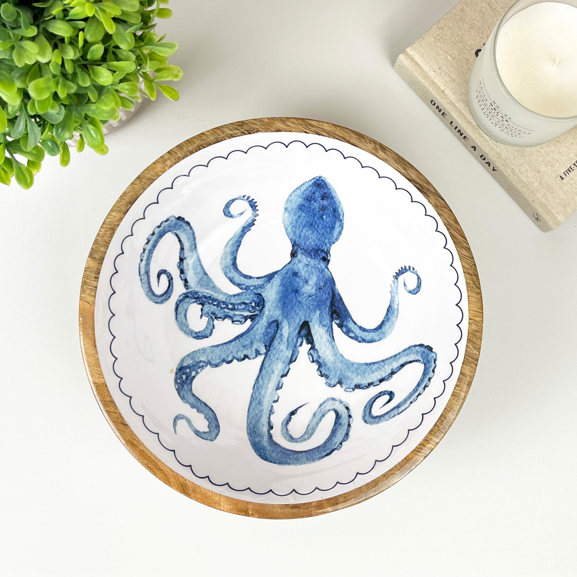 25.5cm Decorative Wooden Bowl with Enamel Octopus Design