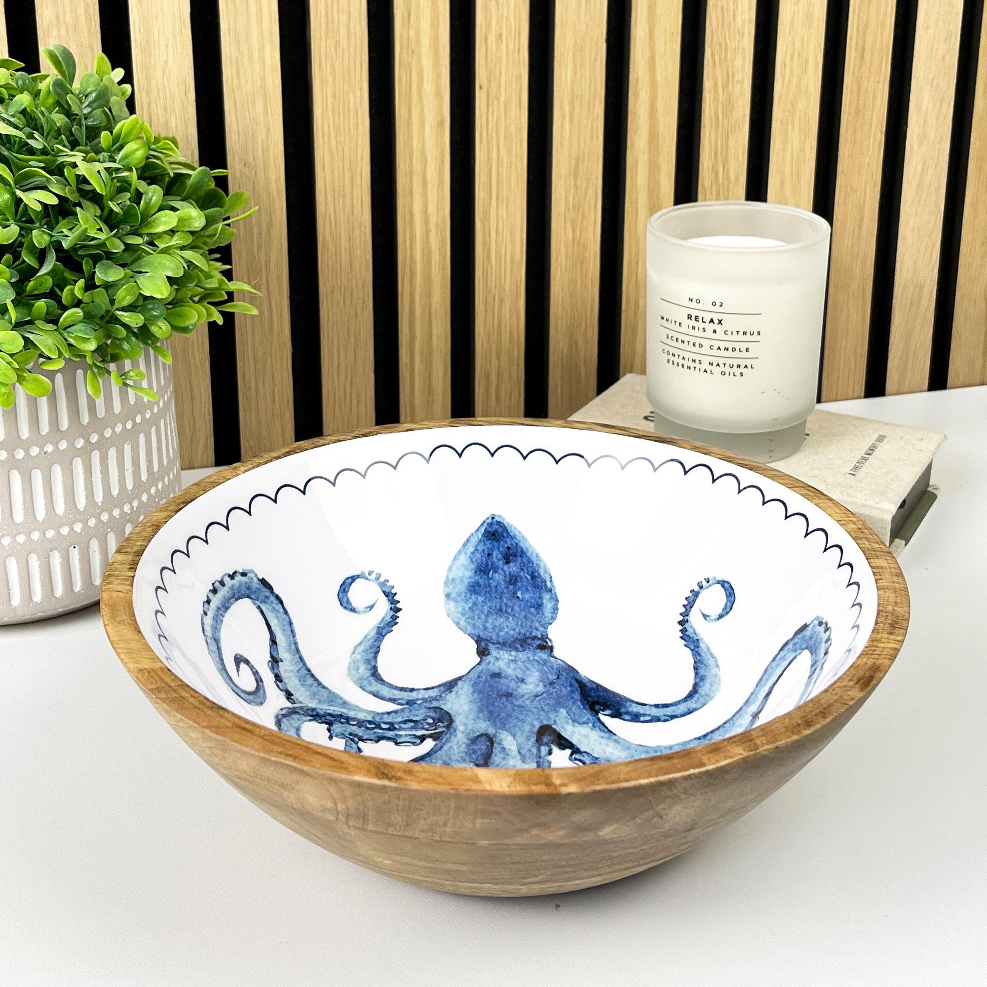25.5cm Decorative Wooden Bowl with Enamel Octopus Design