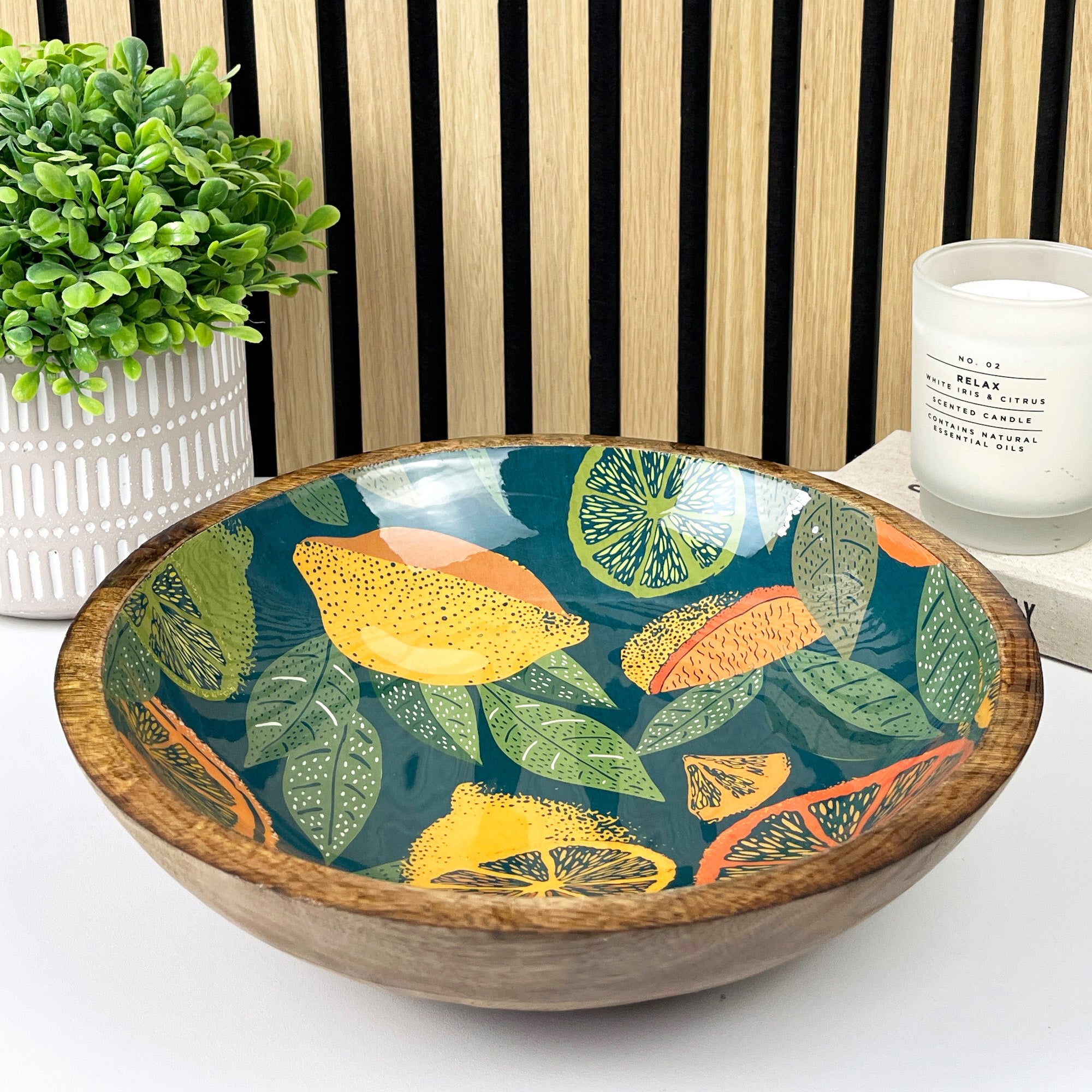 29cm Decorative Wooden Bowl with Enamel Green Citrus Fruit Design