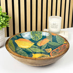 29cm Decorative Wooden Bowl with Enamel Green Citrus Fruit Design