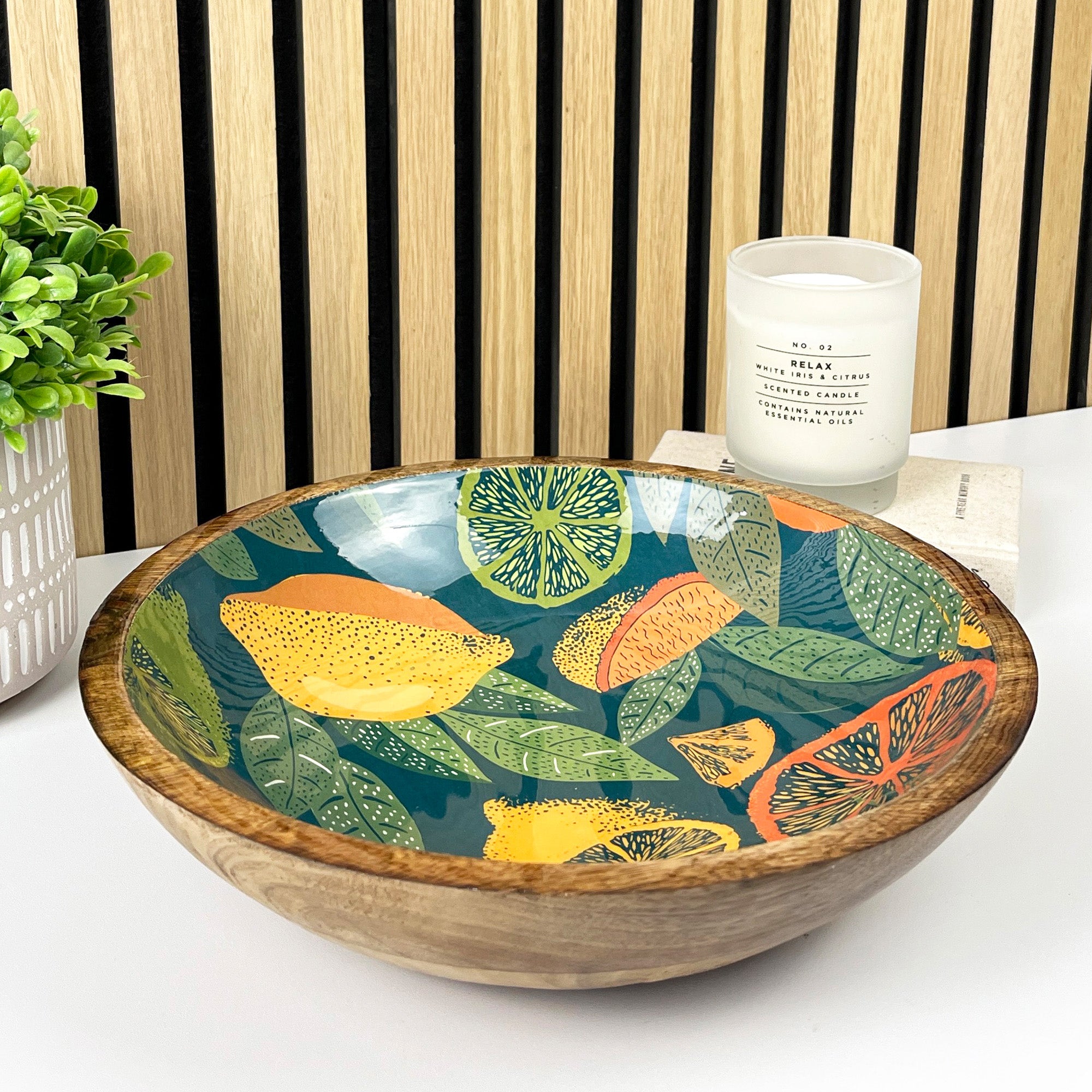 29cm Decorative Wooden Bowl with Enamel Green Citrus Fruit Design