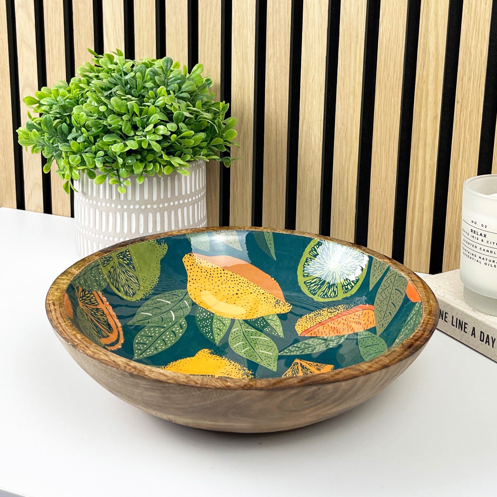 29cm Decorative Wooden Bowl with Enamel Green Citrus Fruit Design