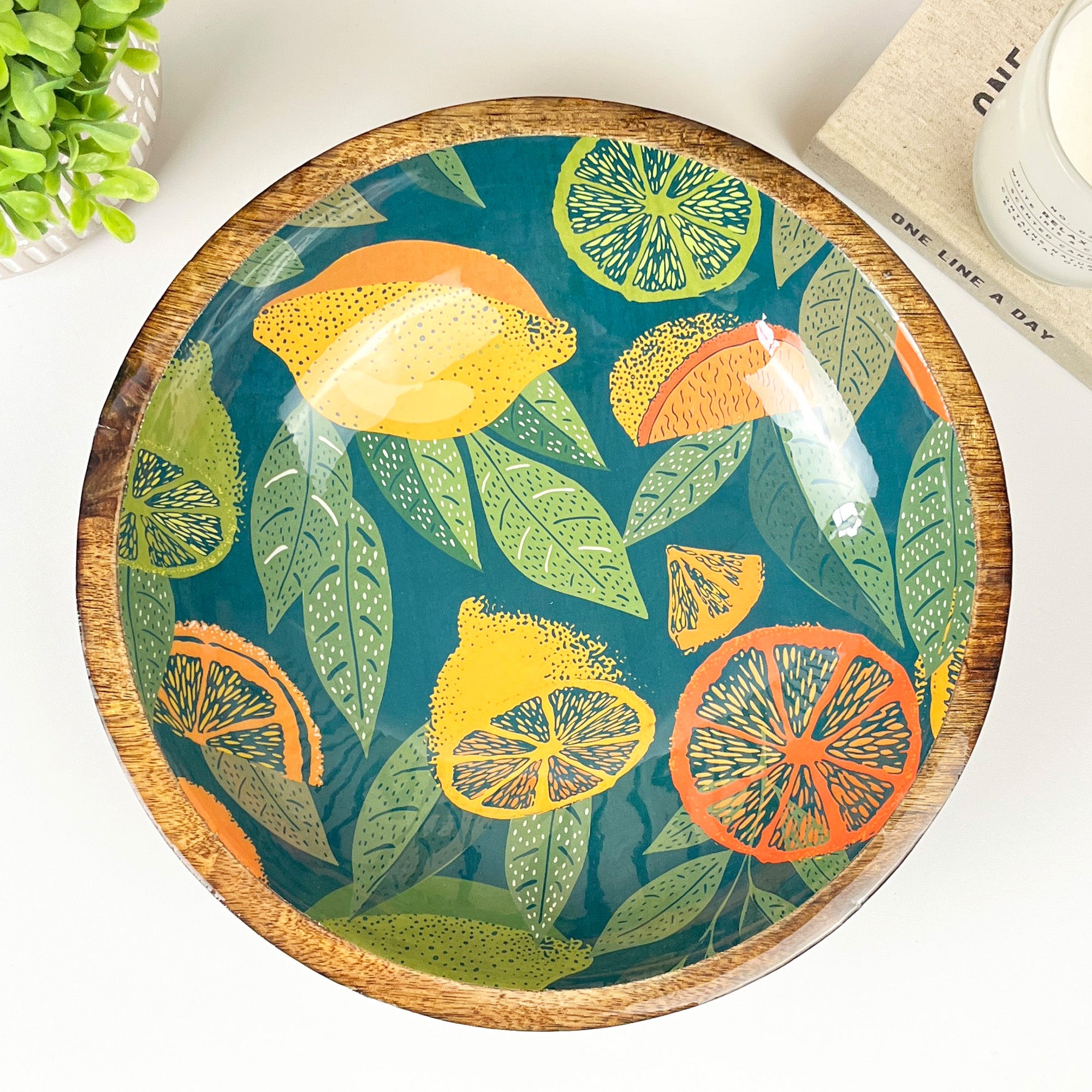29cm Decorative Wooden Bowl with Enamel Green Citrus Fruit Design