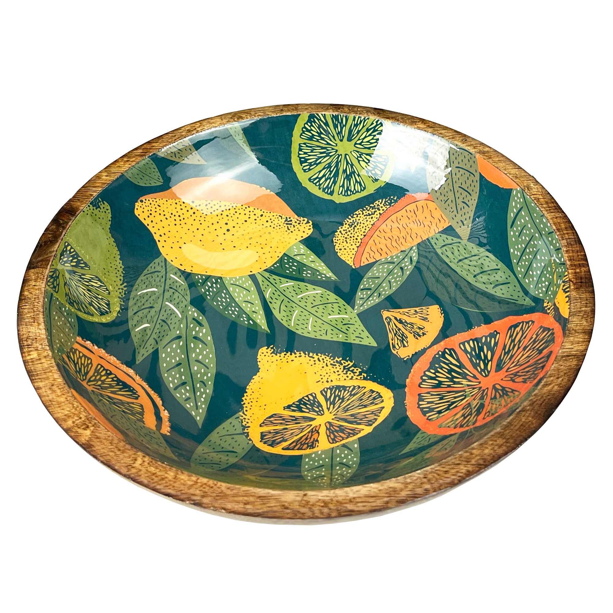 29cm Decorative Wooden Bowl with Enamel Green Citrus Fruit Design