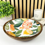 29cm Decorative Wooden Bowl with Enamel White Citrus Fruit Design
