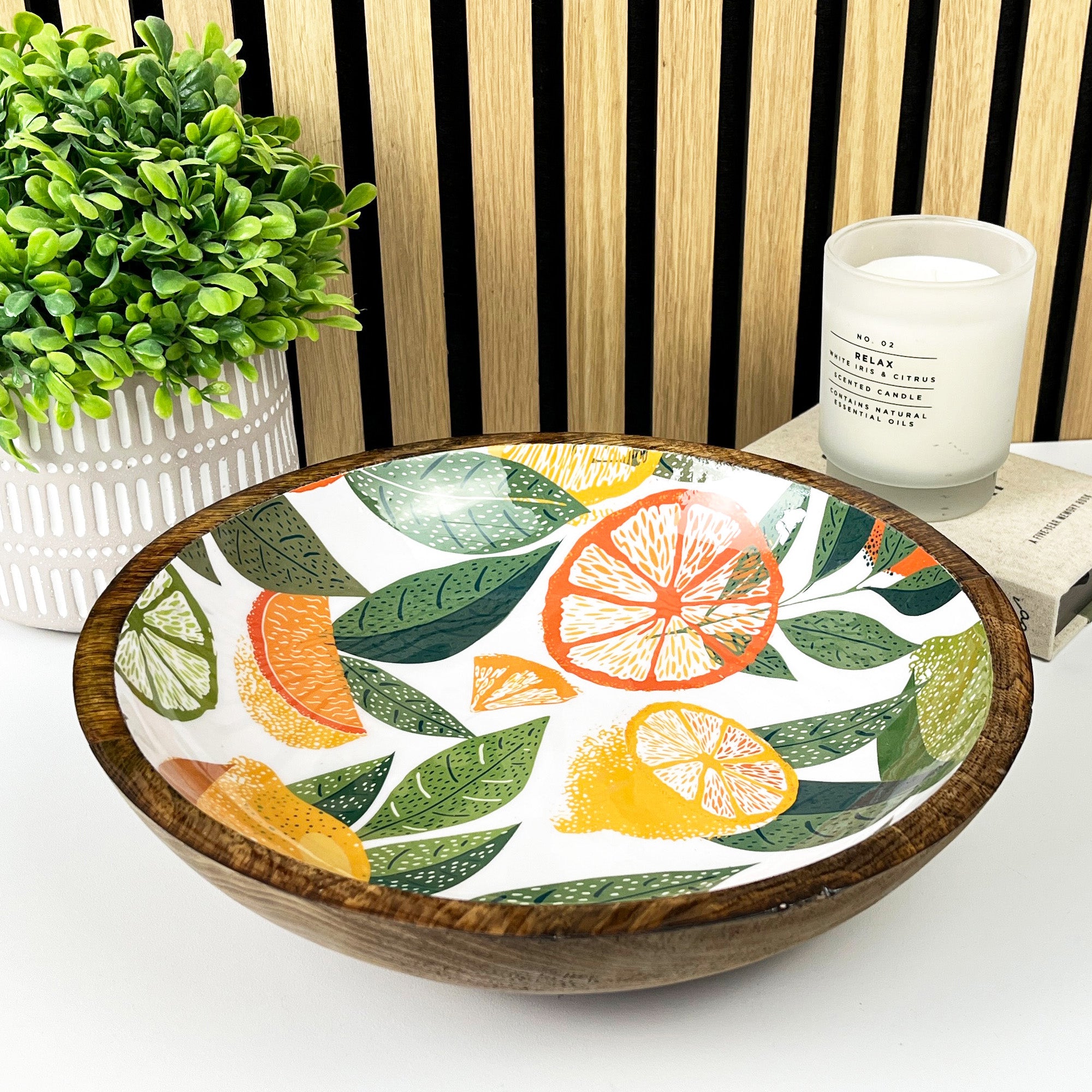 29cm Decorative Wooden Bowl with Enamel White Citrus Fruit Design