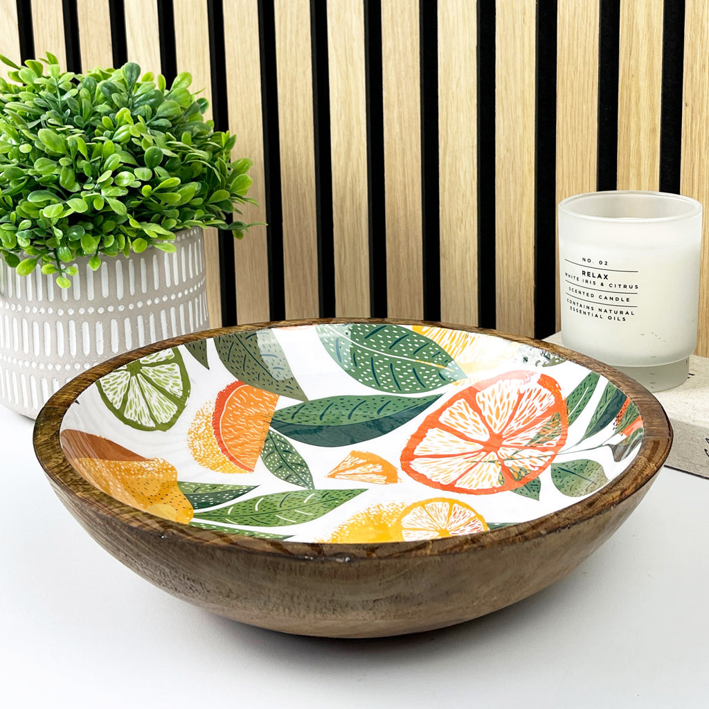 29cm Decorative Wooden Bowl with Enamel White Citrus Fruit Design
