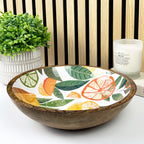 29cm Decorative Wooden Bowl with Enamel White Citrus Fruit Design