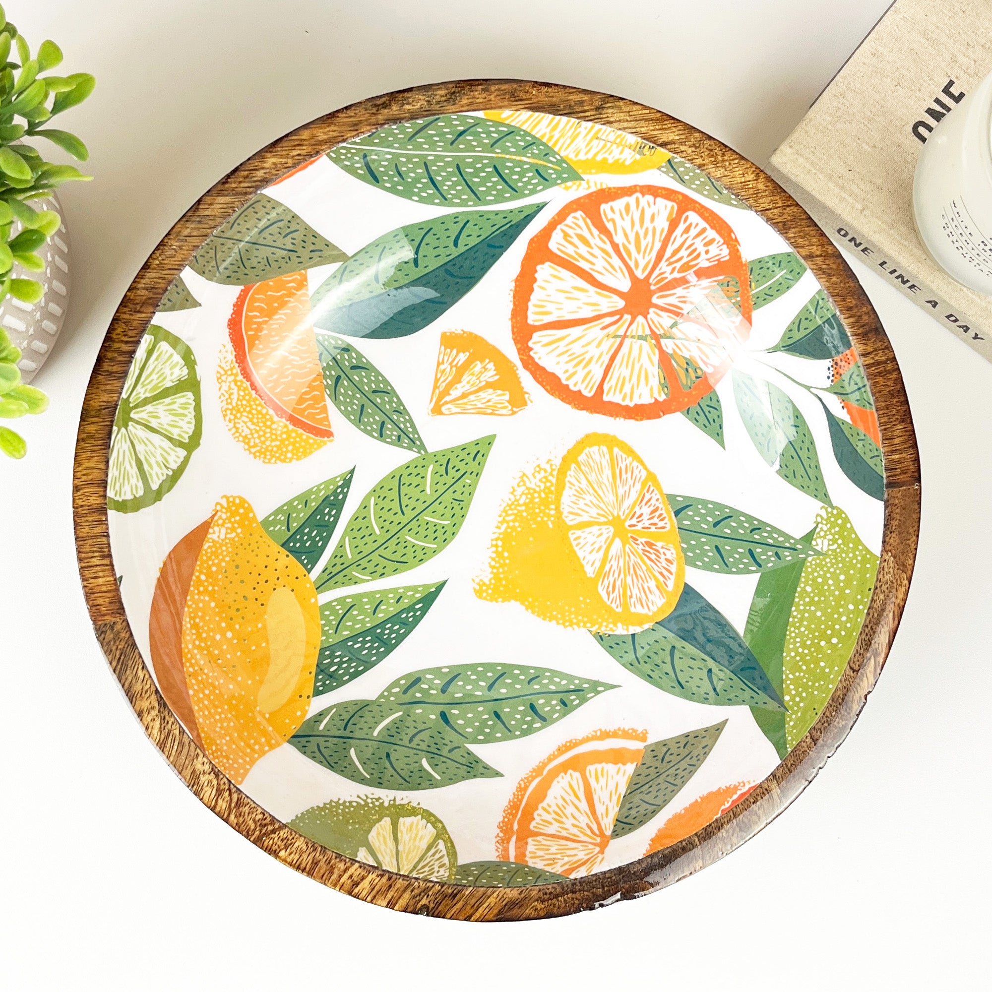 29cm Decorative Wooden Bowl with Enamel White Citrus Fruit Design