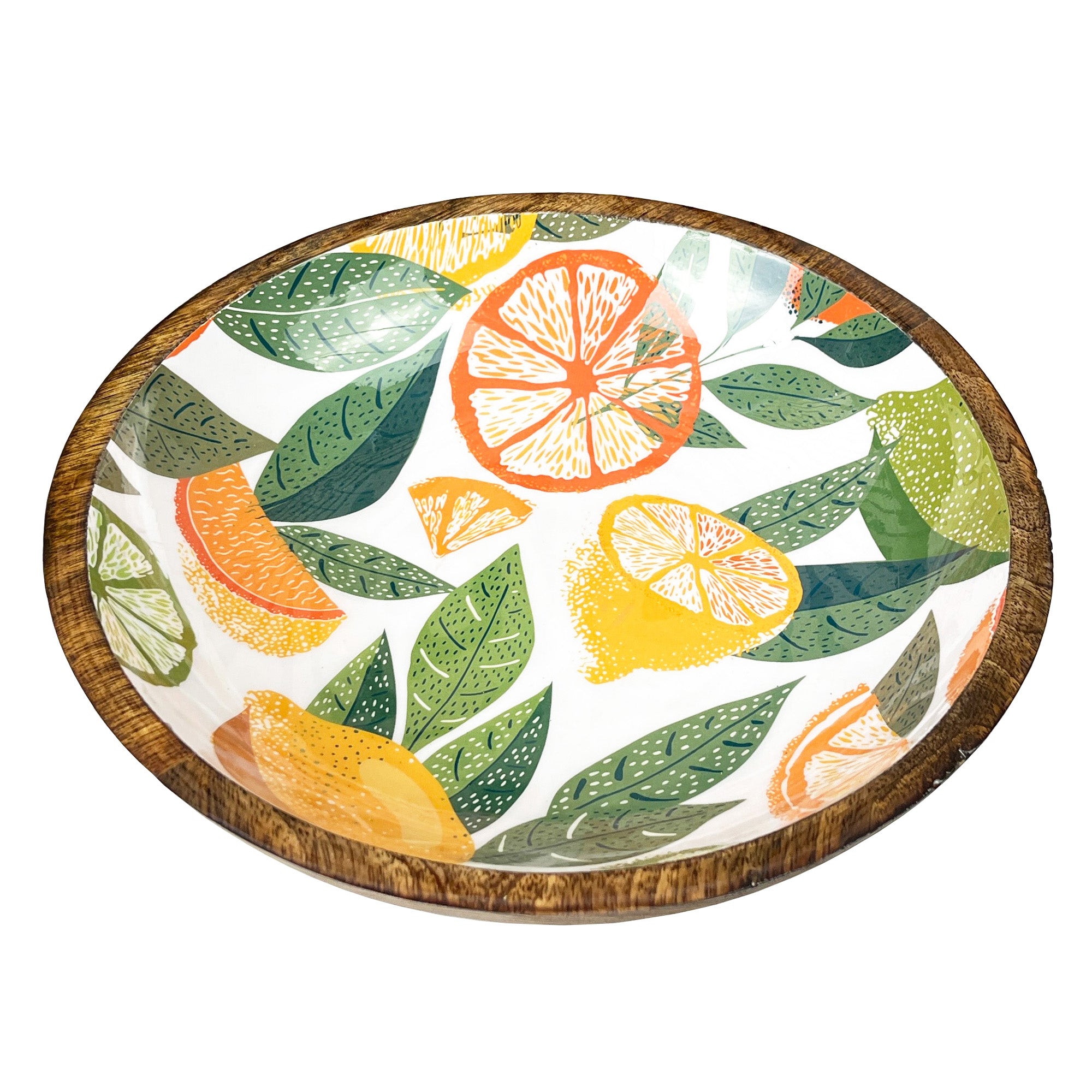 29cm Decorative Wooden Bowl with Enamel White Citrus Fruit Design