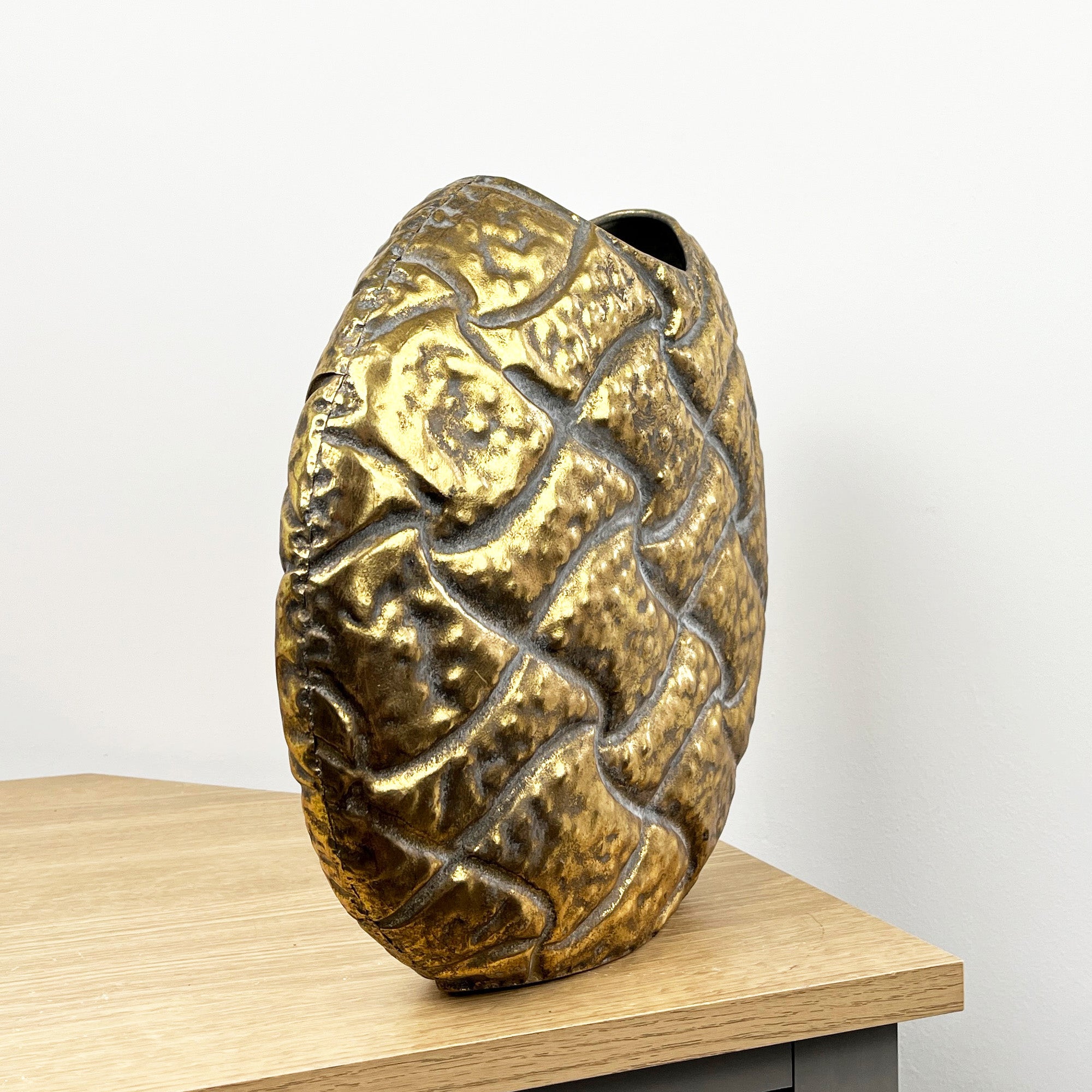 33cm x 28cm Large Round Decorative Metal Vase - Distressed Gold