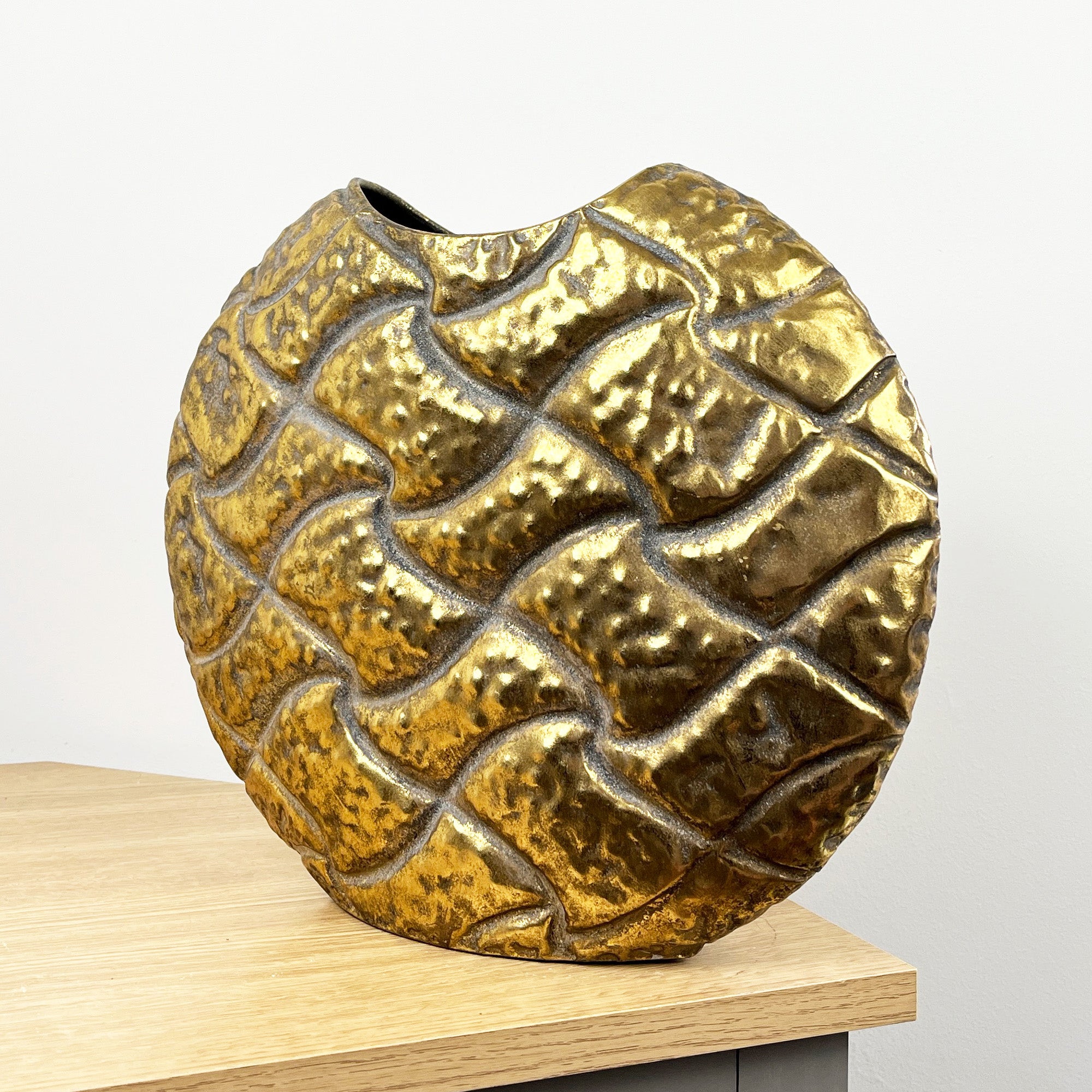 33cm x 28cm Large Round Decorative Metal Vase - Distressed Gold