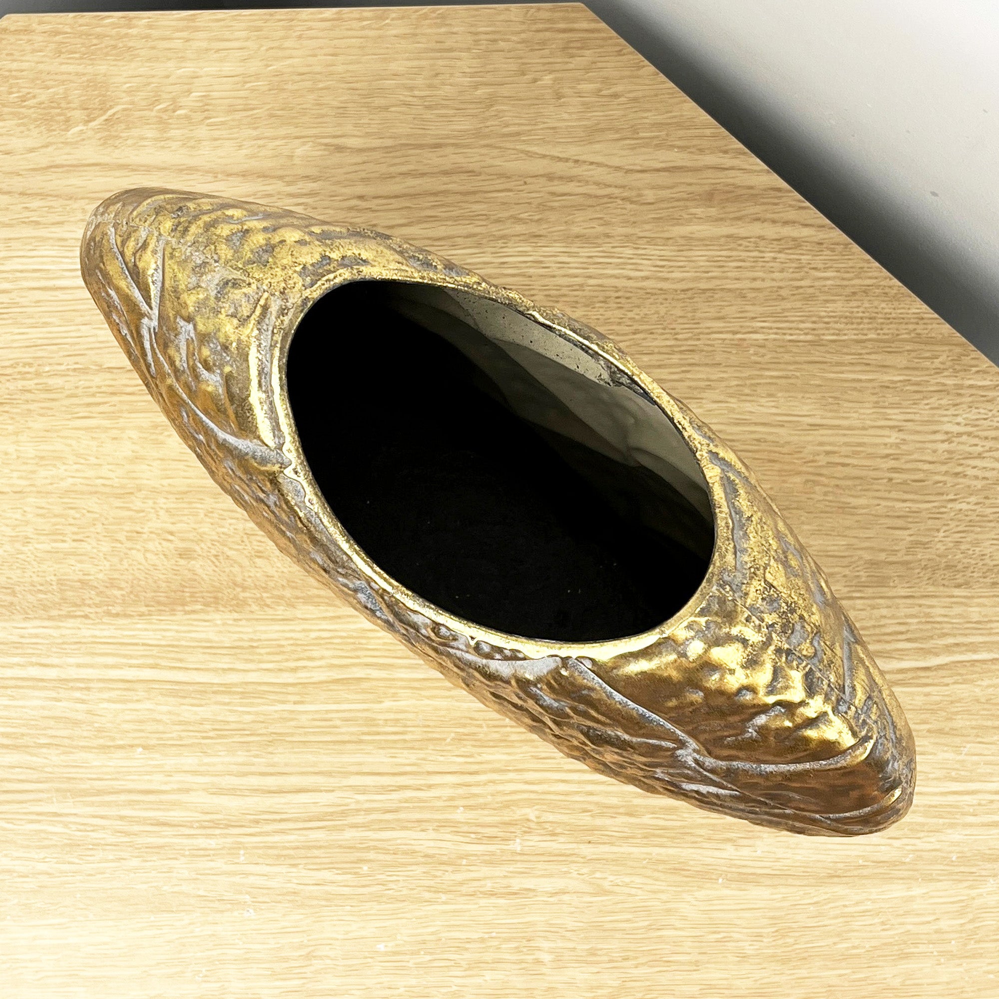 33cm x 28cm Large Round Decorative Metal Vase - Distressed Gold