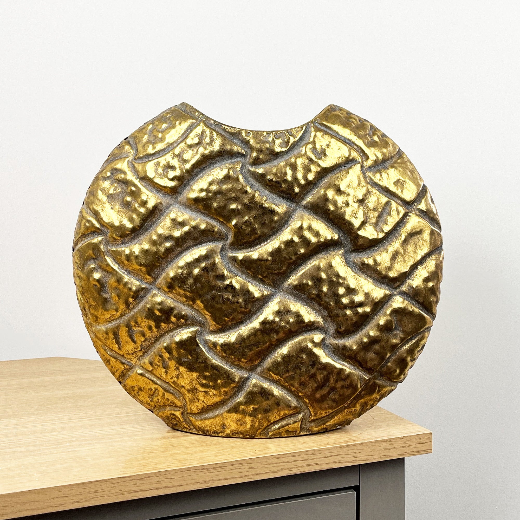 33cm x 28cm Large Round Decorative Metal Vase - Distressed Gold