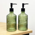 2 x 500ml Ribbed Glass 'SOAP' Lotion Dispensers - Green