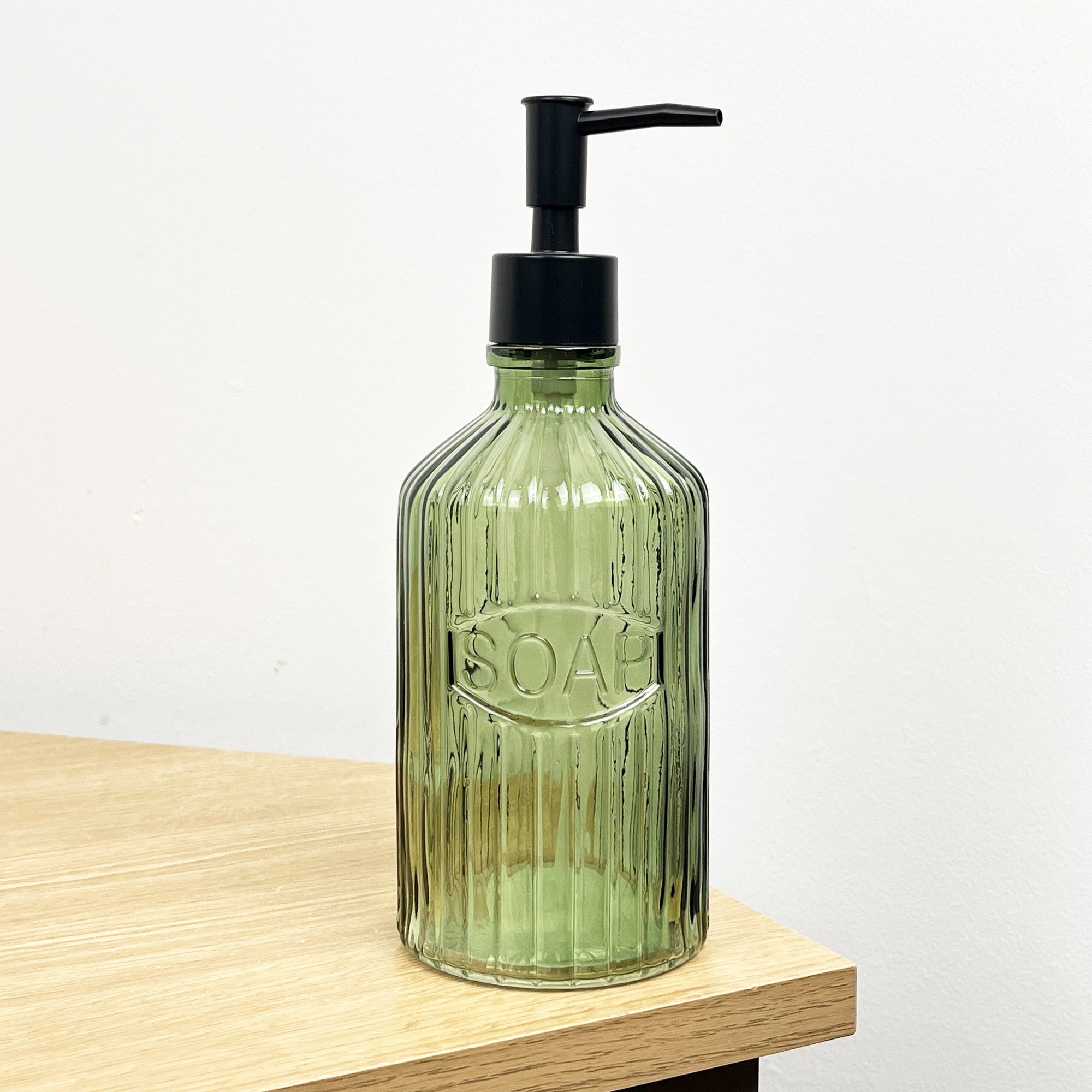 2 x 500ml Ribbed Glass 'SOAP' Lotion Dispensers - Green