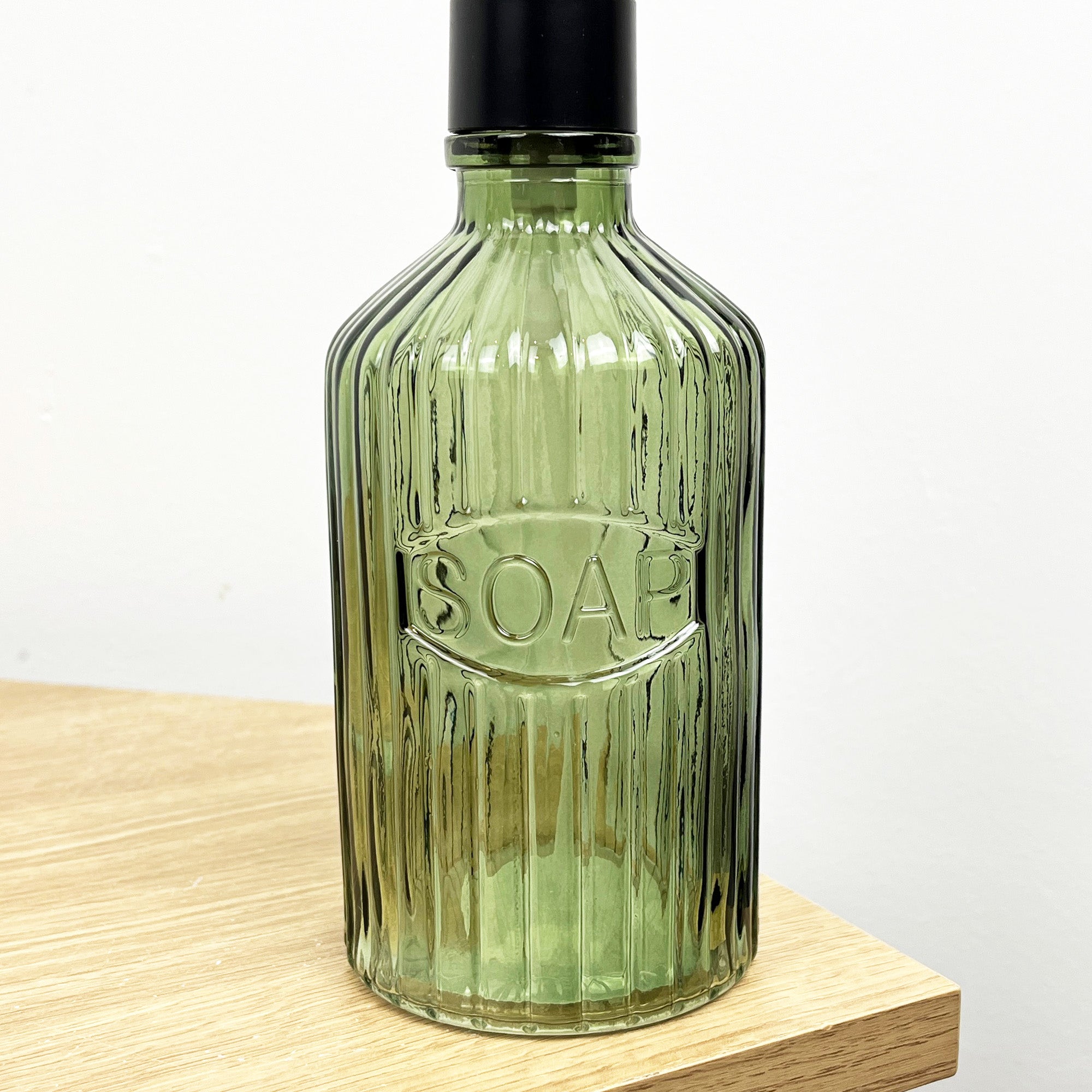 2 x 500ml Ribbed Glass 'SOAP' Lotion Dispensers - Green