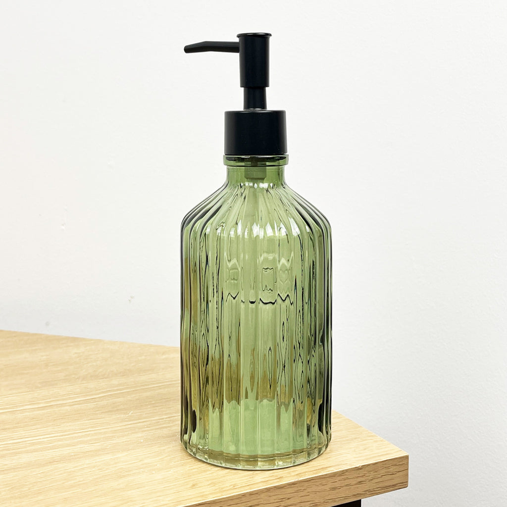 2 x 500ml Ribbed Glass 'SOAP' Lotion Dispensers - Green