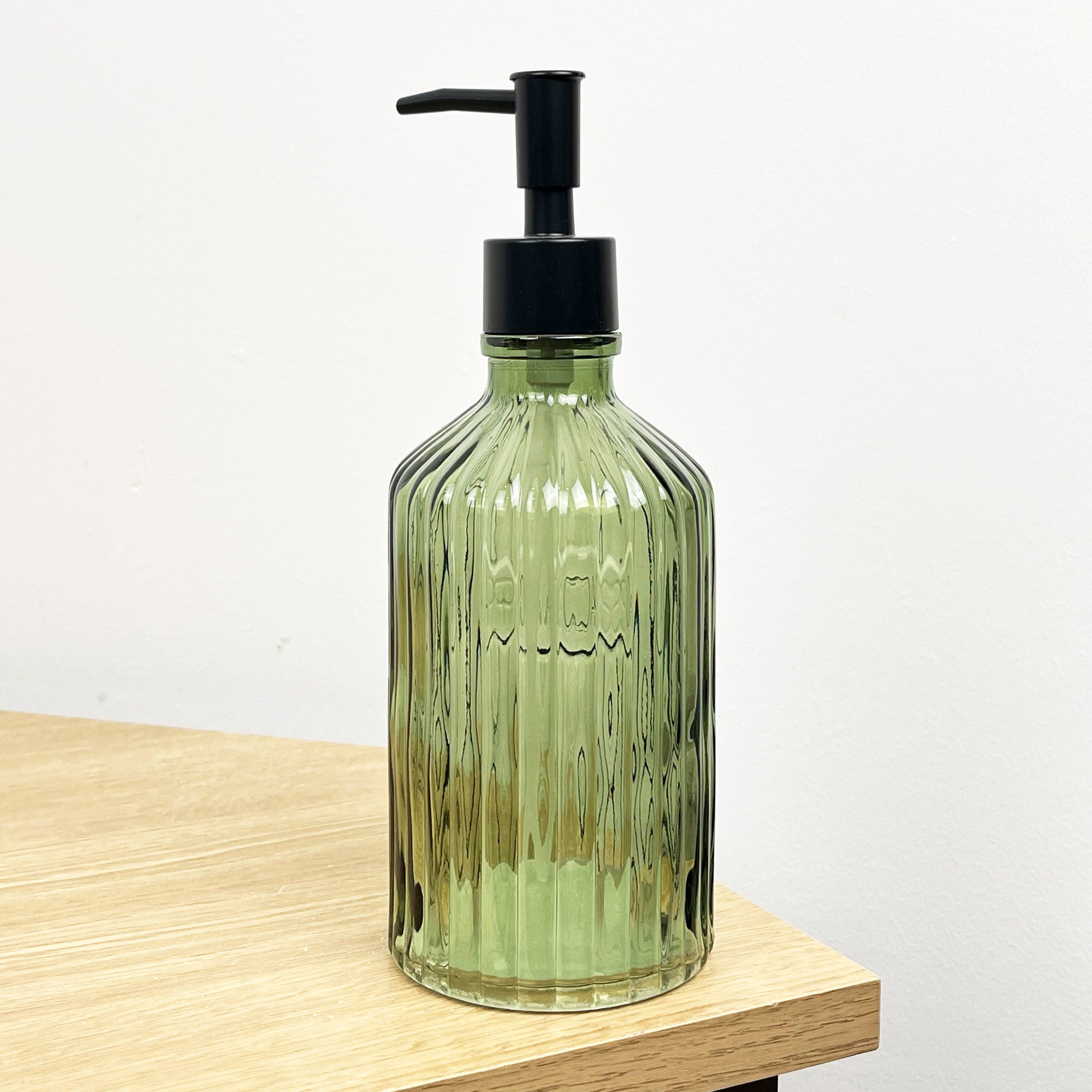 2 x 500ml Ribbed Glass 'SOAP' Lotion Dispensers - Green