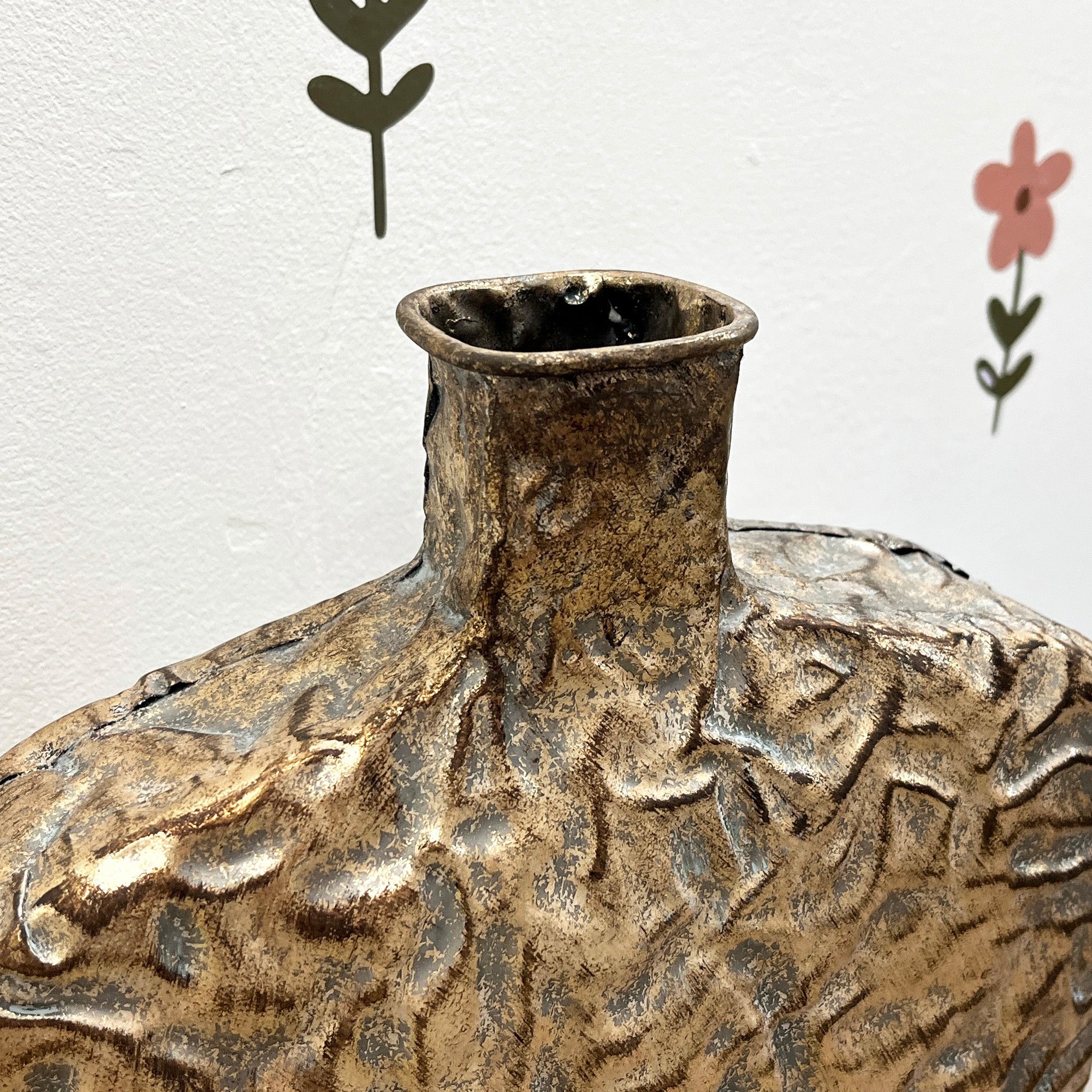 49cm Large Metal Floor Standing Vase - Distressed Gold