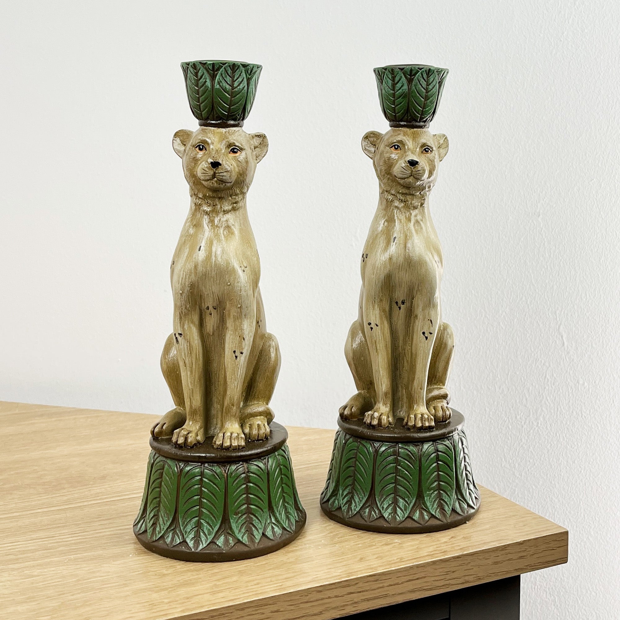 Set of 2 Leopard Candle Stick Holders - Resin