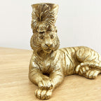 17.5cm Gold Laying Down Tiger Candle Stick Holder - Resin