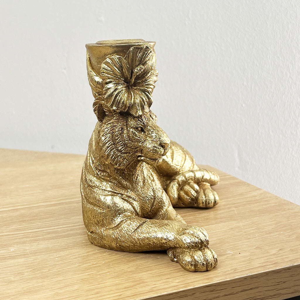 17.5cm Gold Laying Down Tiger Candle Stick Holder - Resin
