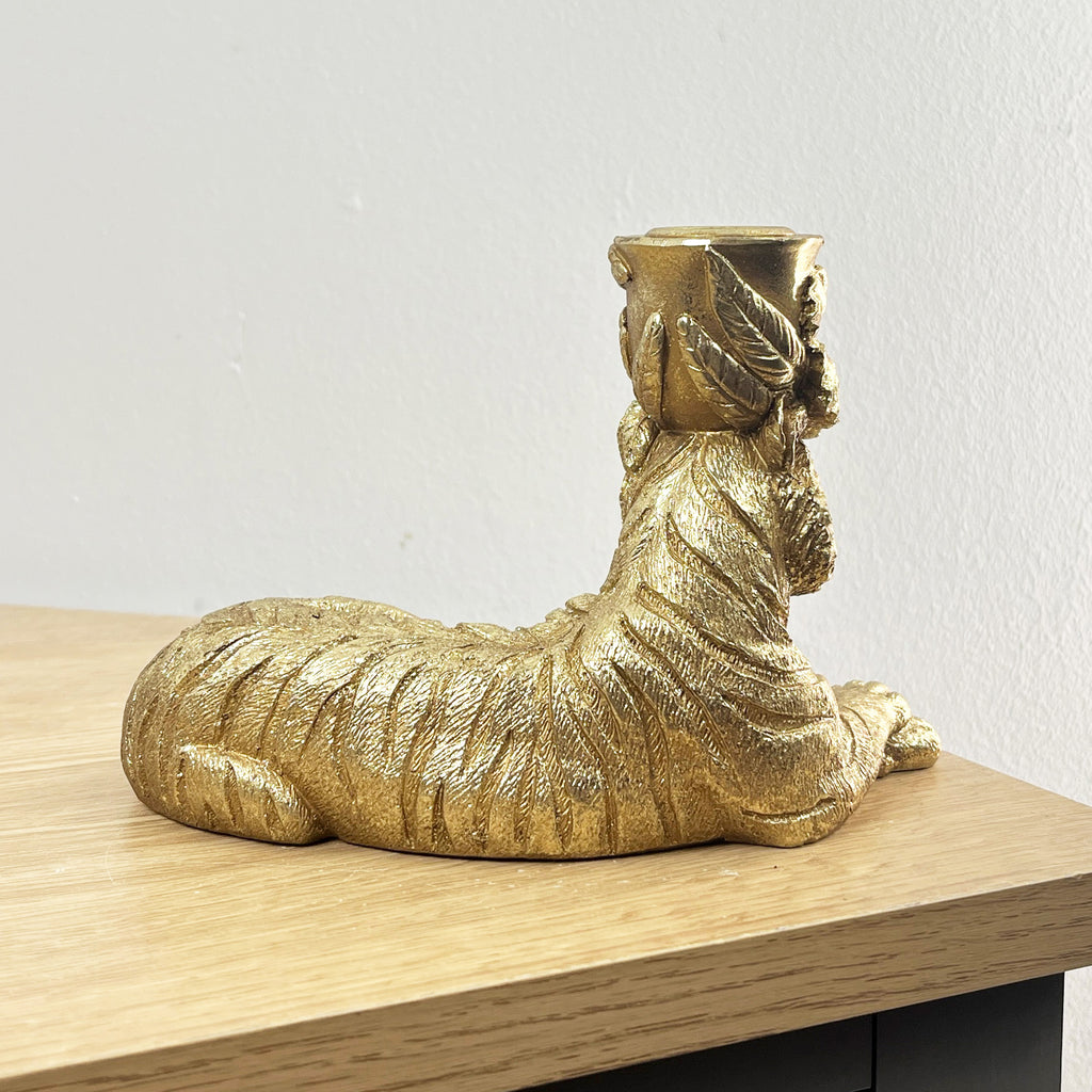 17.5cm Gold Laying Down Tiger Candle Stick Holder - Resin
