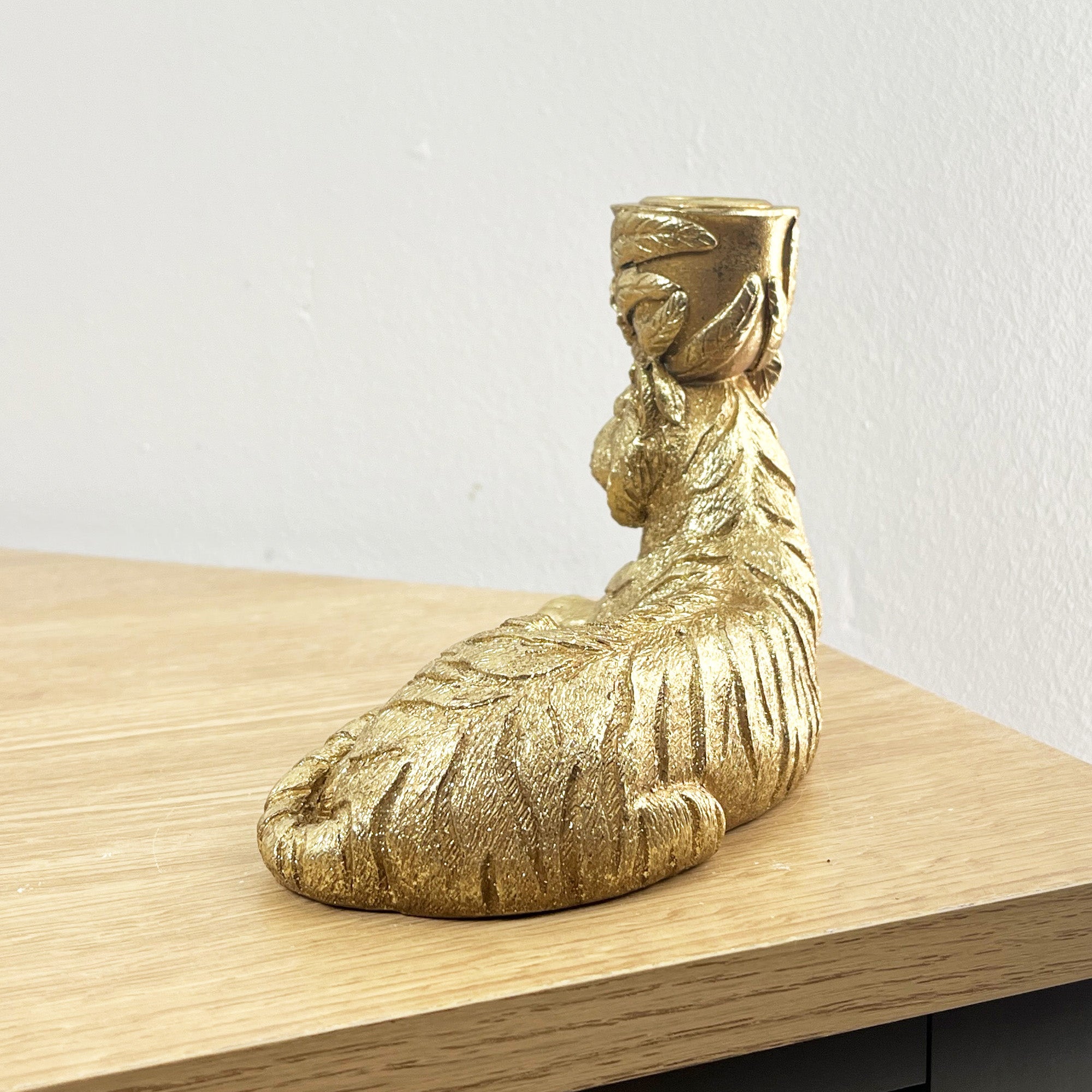 17.5cm Gold Laying Down Tiger Candle Stick Holder - Resin