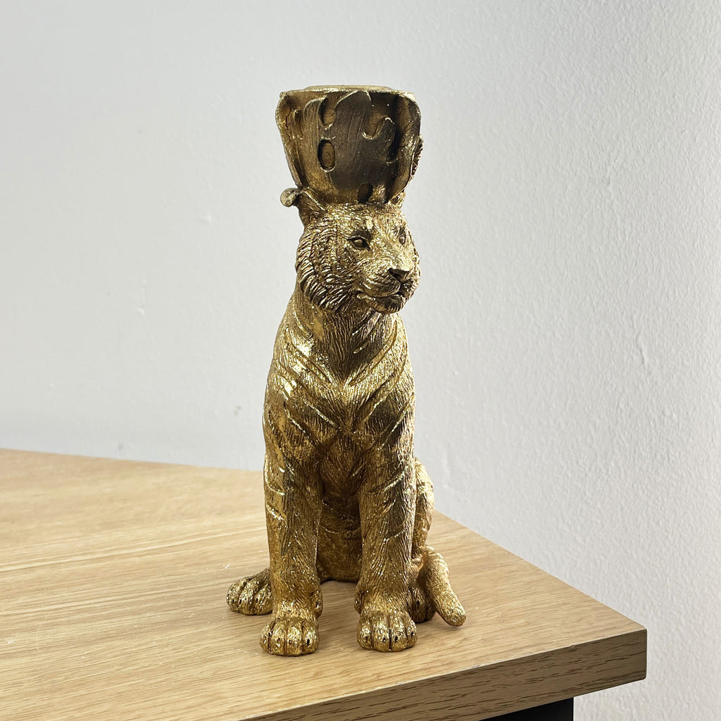 18cm Gold Sitting Tiger Candle Stick Holder - Resin
