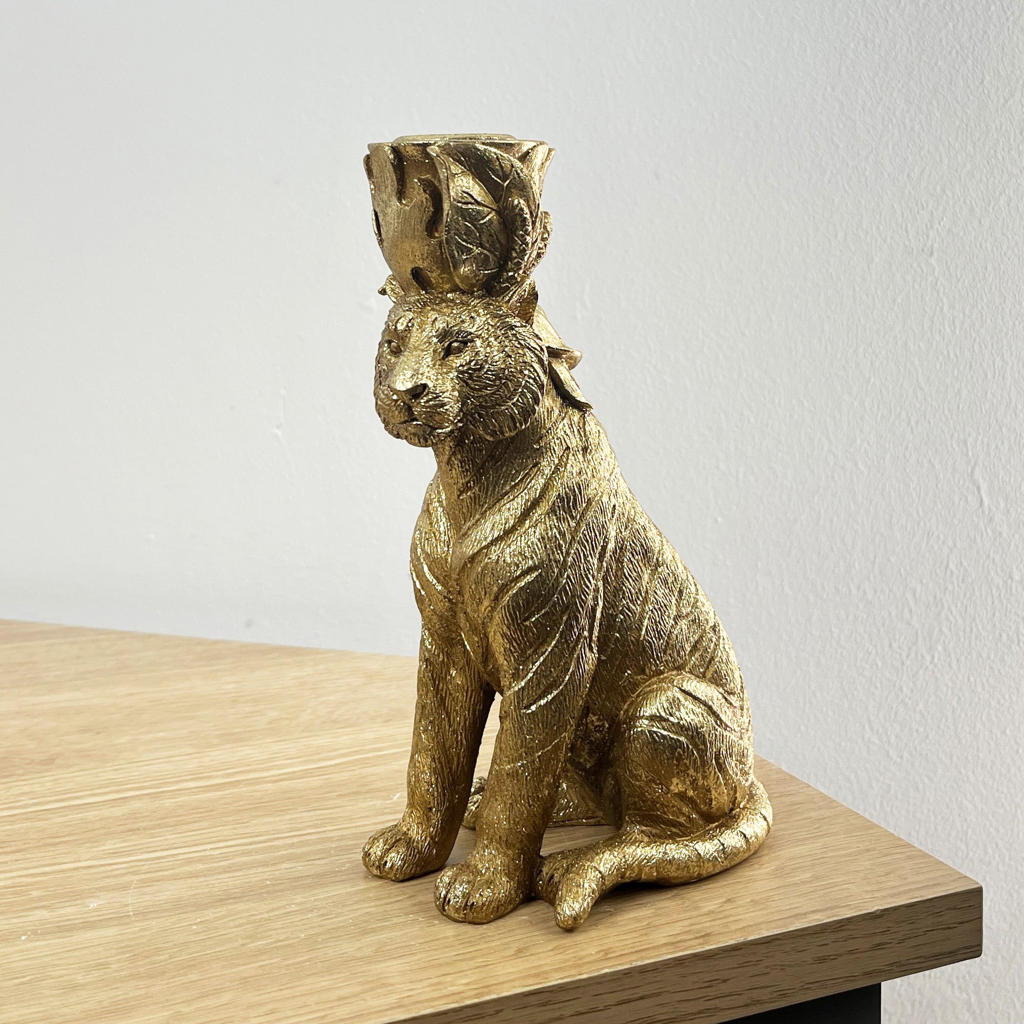 18cm Gold Sitting Tiger Candle Stick Holder - Resin