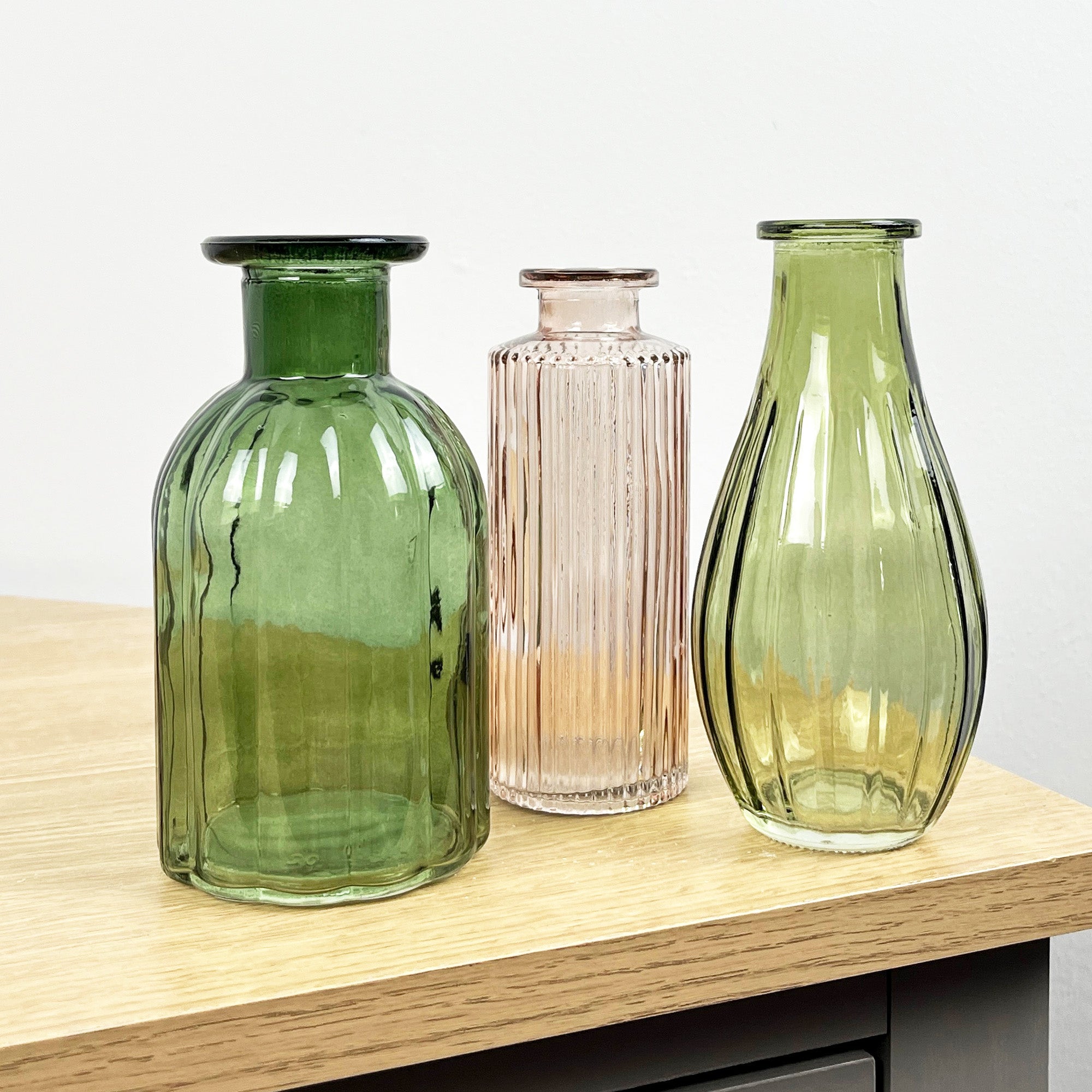 3 Piece Glass Bud Vase Set - Green & Pink Mix