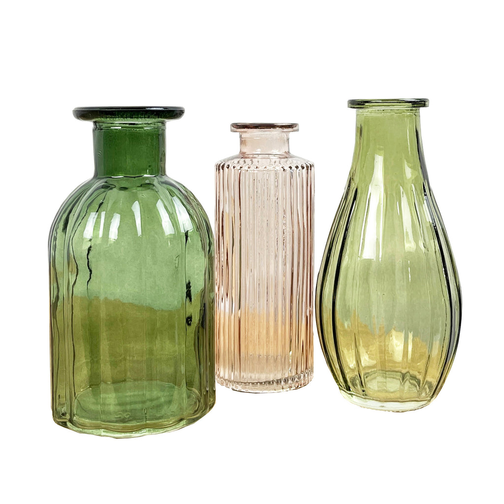 3 Piece Glass Bud Vase Set - Green & Pink Mix