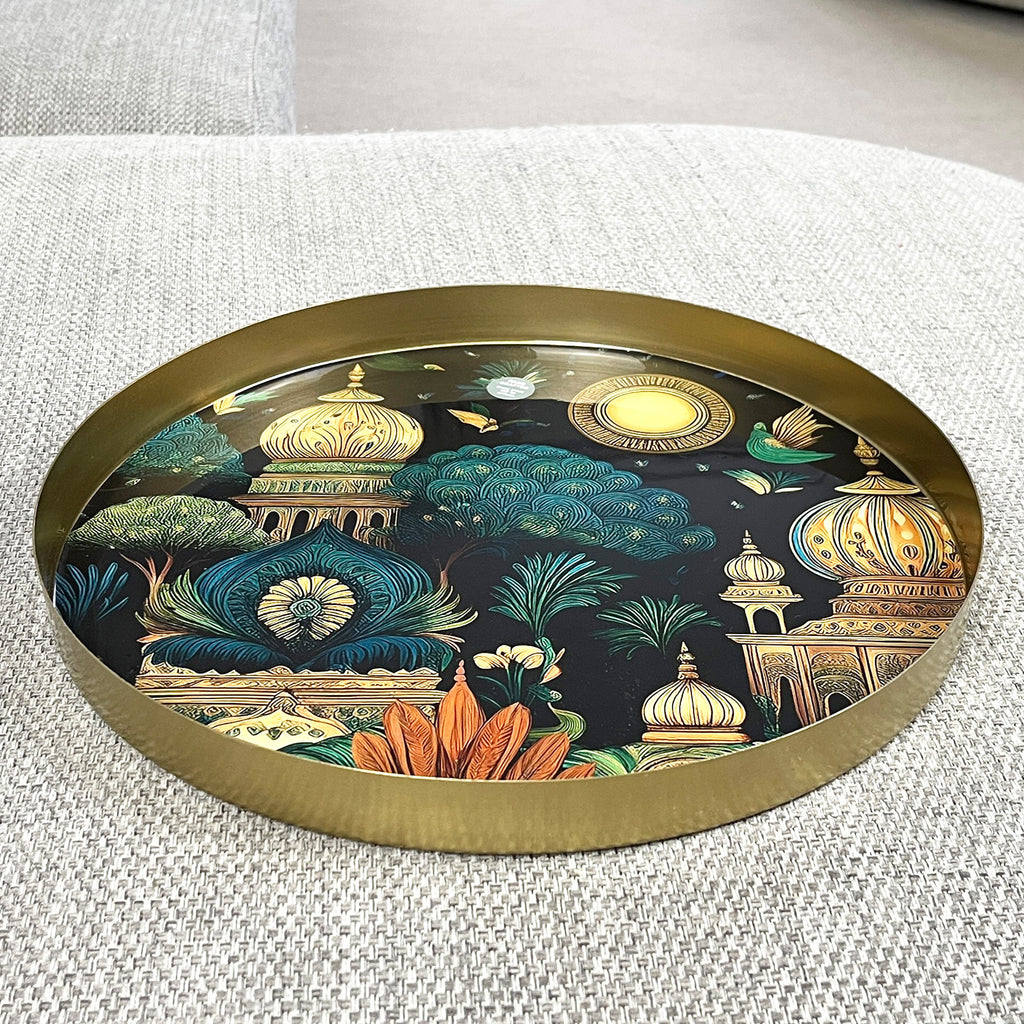 32cm Metal Decorative Tray - Indian Temple Design