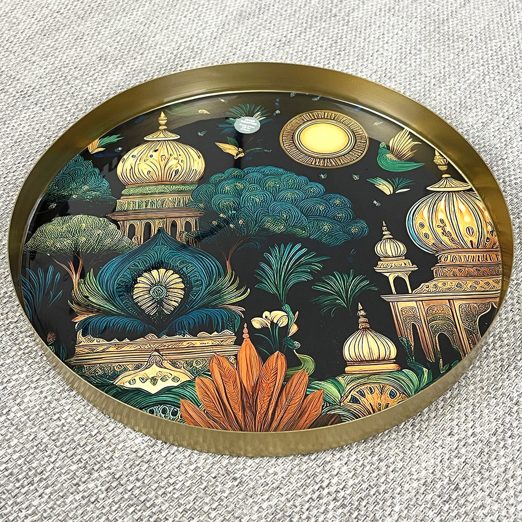 32cm Metal Decorative Tray - Indian Temple Design