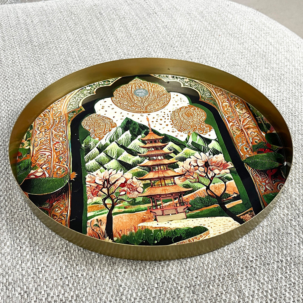 32cm Metal Decorative Tray - Asian Temple Design