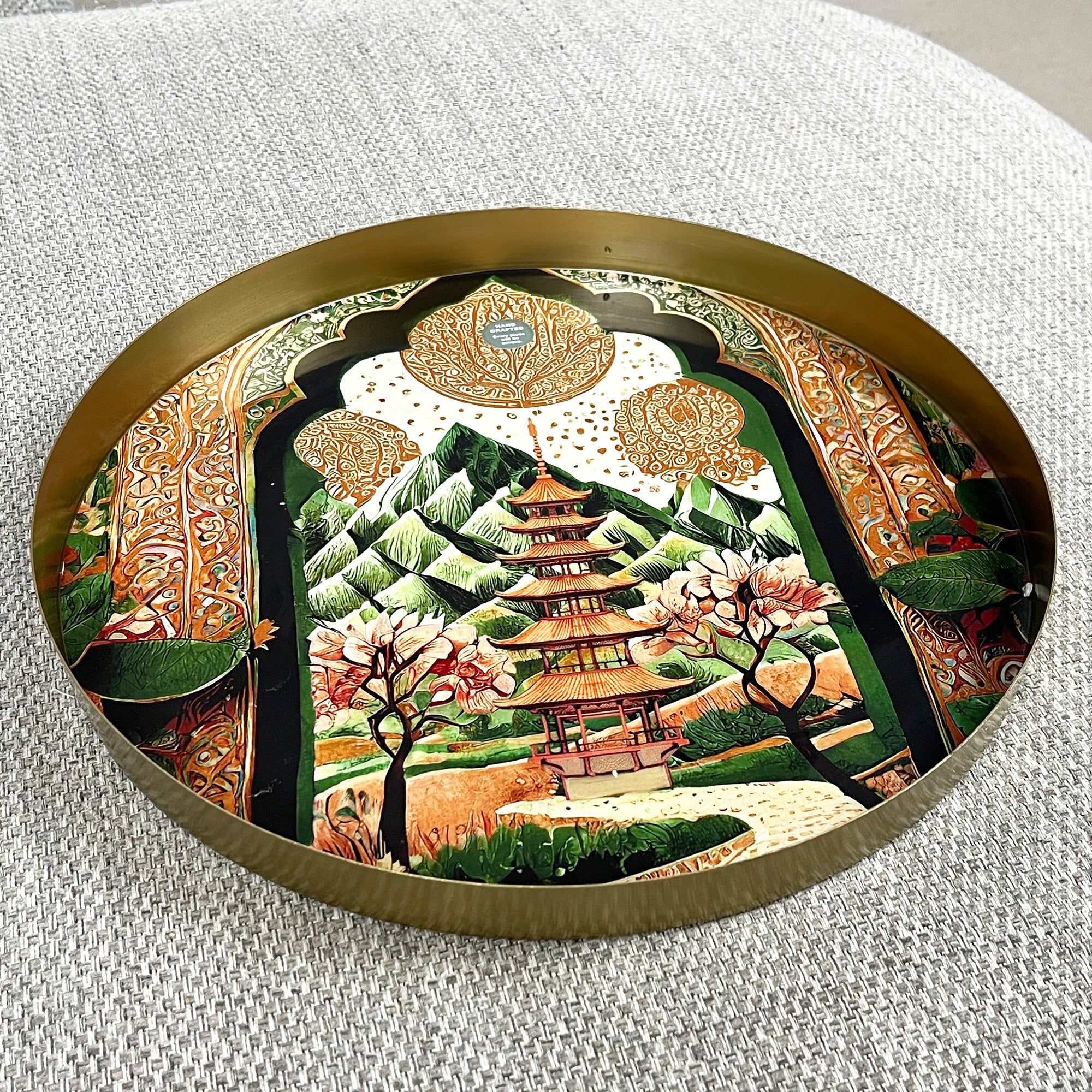 32cm Metal Decorative Tray - Asian Temple Design