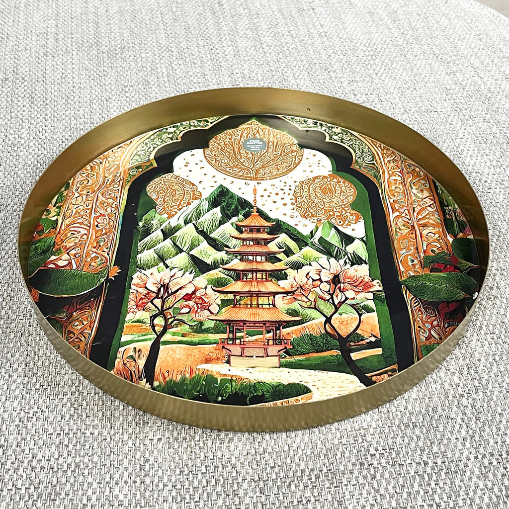 32cm Metal Decorative Tray - Asian Temple Design