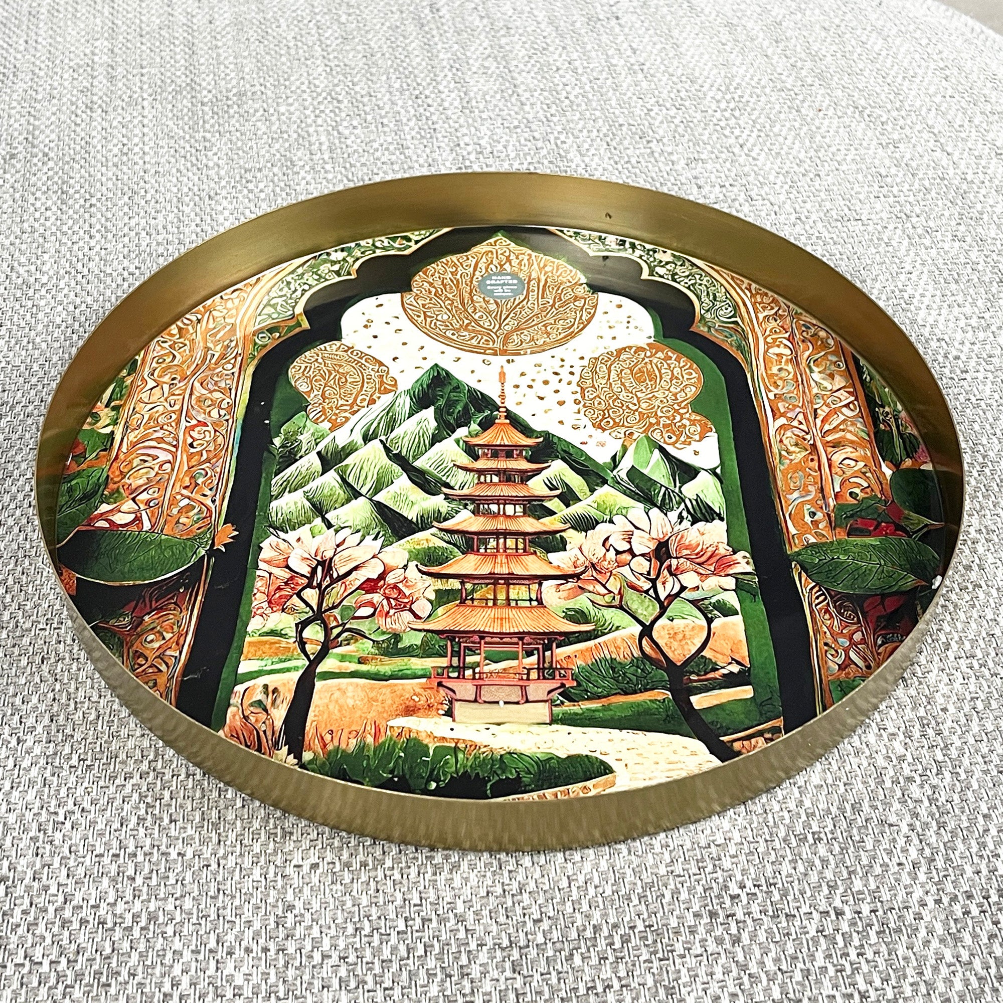 32cm Metal Decorative Tray - Asian Temple Design