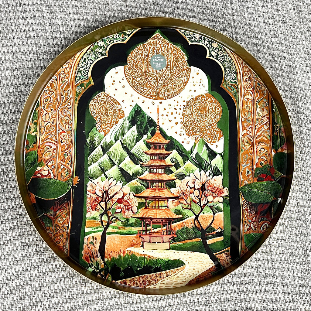 32cm Metal Decorative Tray - Asian Temple Design
