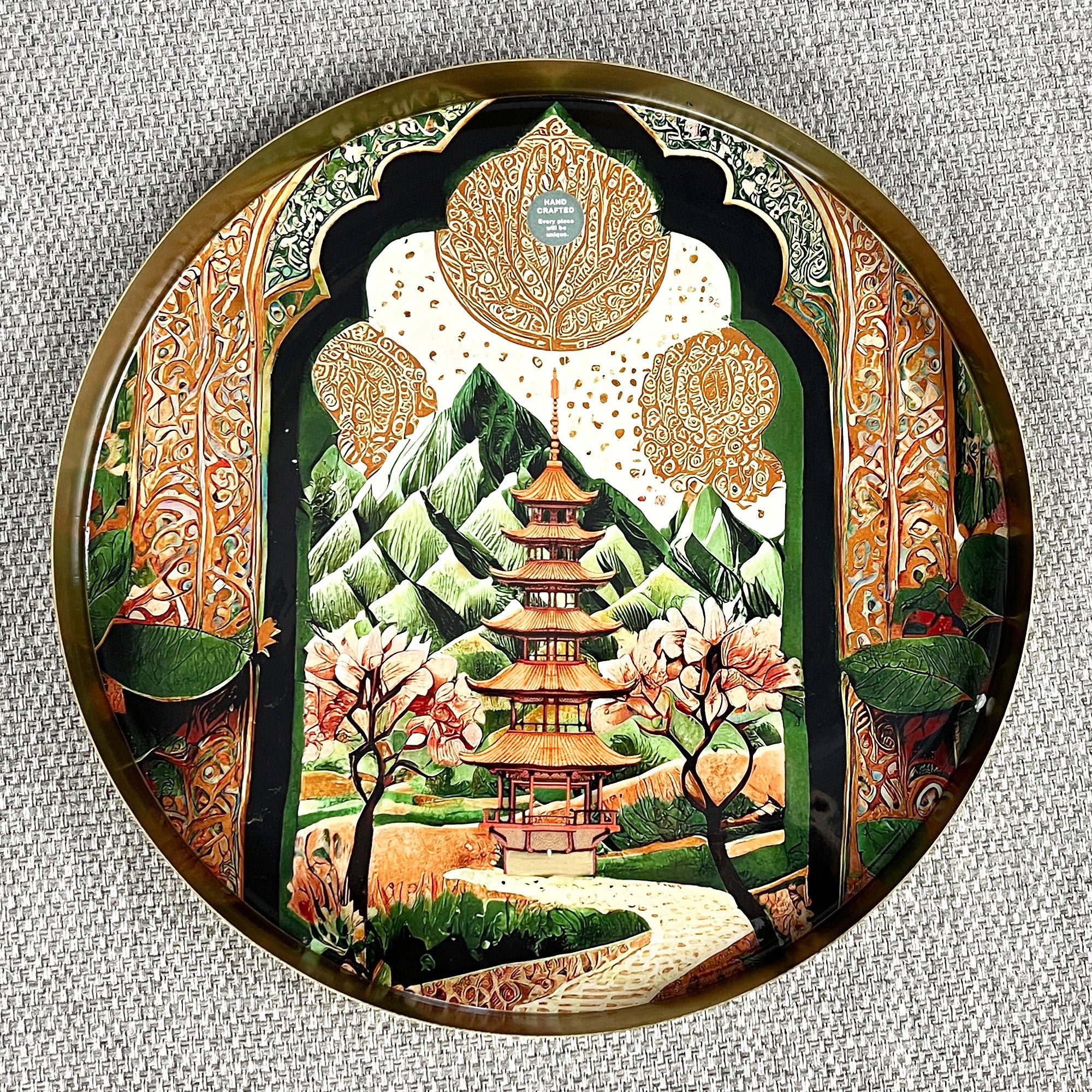32cm Metal Decorative Tray - Asian Temple Design