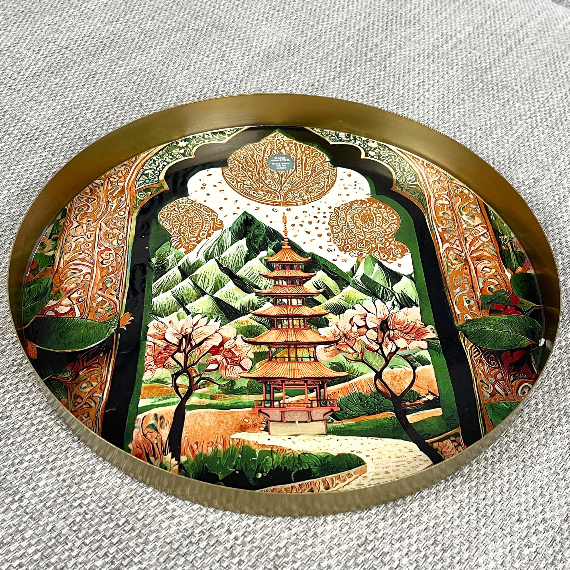 32cm Metal Decorative Tray - Asian Temple Design