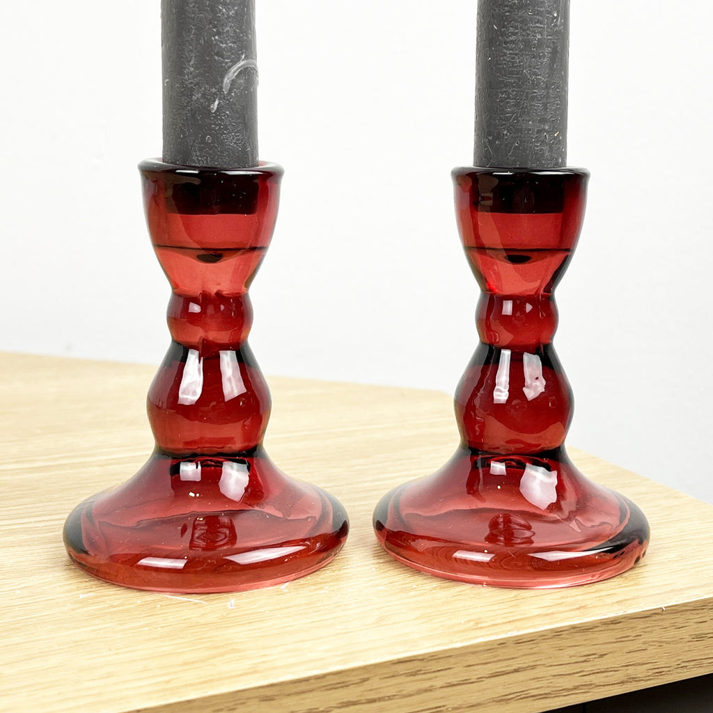 Pair of 9cm Coloured Glass Candle Holders – Red